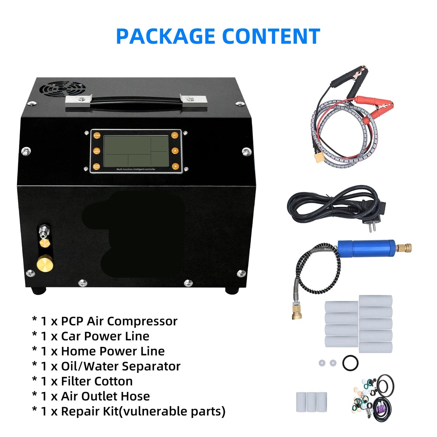 Luchtcompressor - Luchtcompressor Bandenpomp - Airpress Compressor - met LCD-scherm - Digitaal Besturingssysteem - 300Bar - 220V - met Ingebouwde 12V Draagbare Stroomadapter Ventilator