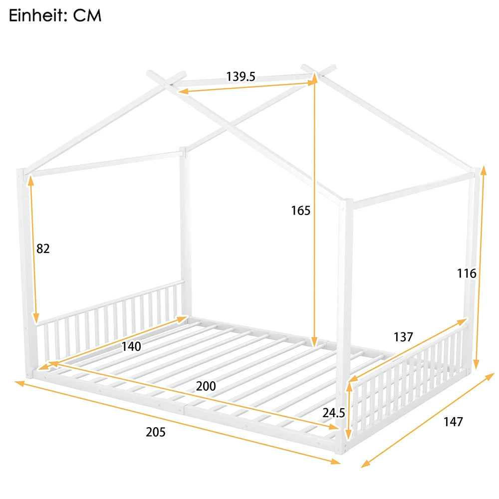 Kinderbed – Kinderbedden – Peuterbed – Vloerbed – Huisbed – Wit – 140x200 cm – Met Stabiel Metalen Frame – Uniek Huisvormig Design