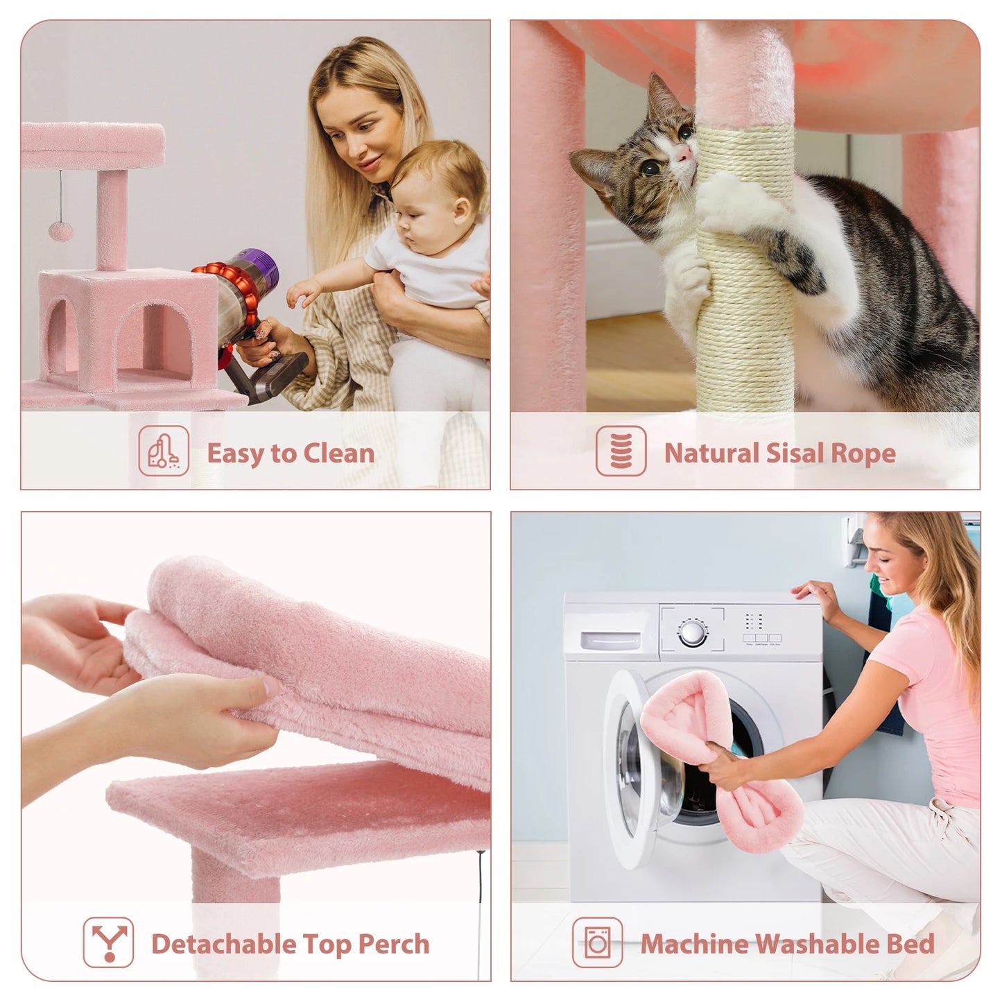 Kattenboom - voor Binnenkatten – Krabpaal - Multi-Level - met Grote Hangmat - Sisal Krabpalen - Kattenhuisje en Topplateau – Kattenmeubel - Arbre a Chat -143cm Hoog - Roze
