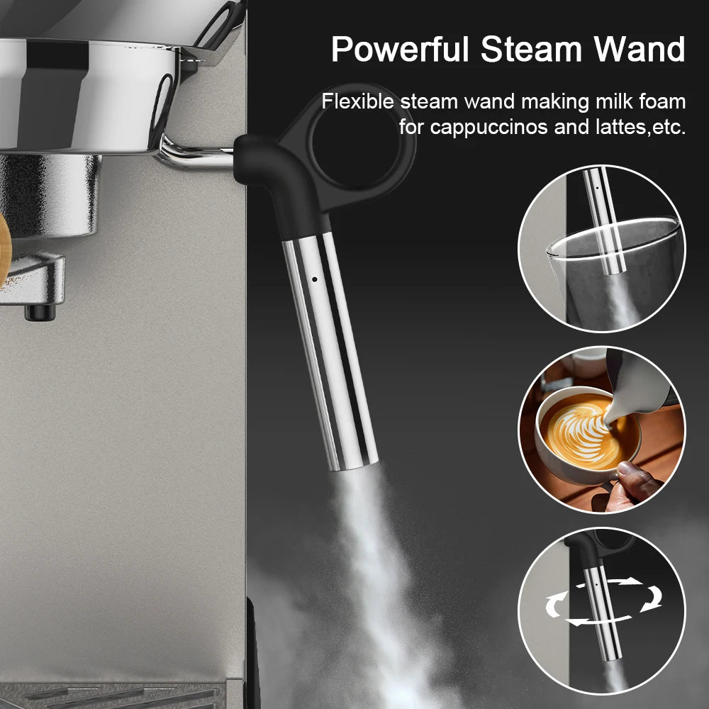Espressomachine – 20 Bar – Compact Koffiezetapparaat - Semi-Automatisch - 1.1L - Gemalen Koffie – RVS - Heetwaterfunctie -Voor Espresso - Cappuccino - Latte en Mocha - Koffiemolen - QUORE