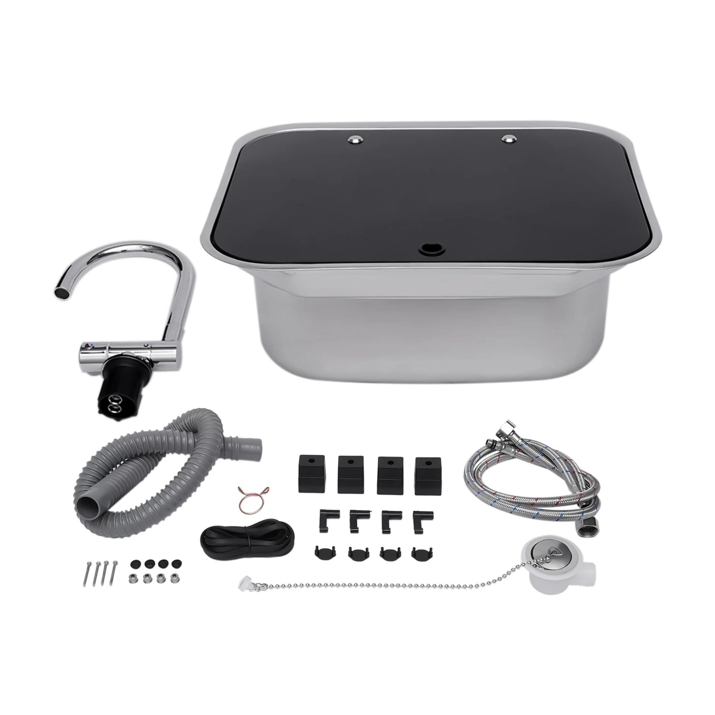 Campingwasbak – Opbouw Spoelbak – Inbouw Wastafel – Mobiele Afwasbak – Buitenkeuken Wasbak – Compact Formaat – RVS Met Glazen Deksel