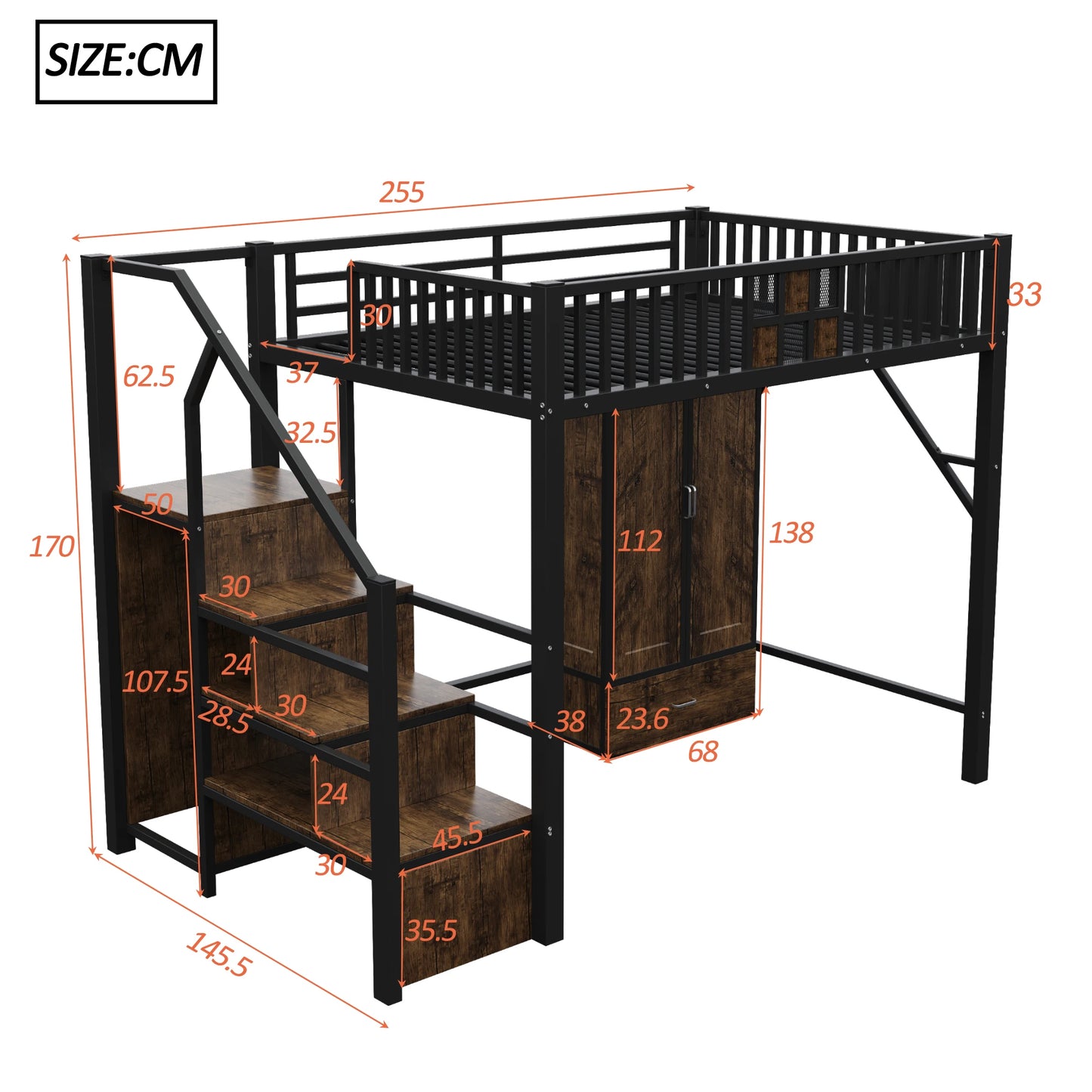 Tweepersoonsbed – Bedbank – Opbergbed – Slaapbed – Ledikant – Ruimtebesparend met Lades en Kast – 90x200 & 140x200 cm – Wit en Naturel – Inclusief Trapje en Deurframe – Zonder Matras
