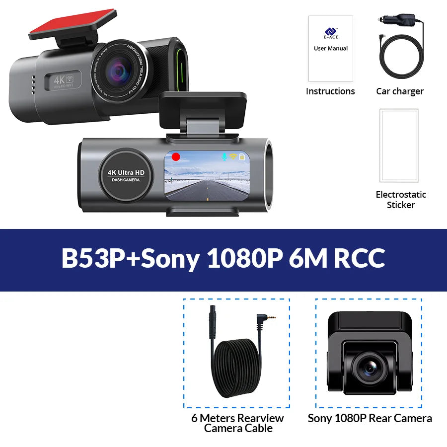 Dashcam voor Auto - 4K Dashcam - Dual Lens - 170° Groothoek - GPS - WiFi - Nachtvisie - 24H Parkeermodus - G-Sensor - 128GB Geheugenkaart inbegrepen - 6M RC Dashcam - Zwart