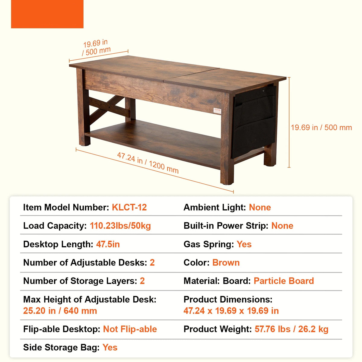 Koffietafel - Table - Coffe table - Living Room Table - Lift Top salontafel - tafel met extra opbergruimte - omklapbare salontafel voor de woonkamer - 47.5in - Bruin - 57.76lbs