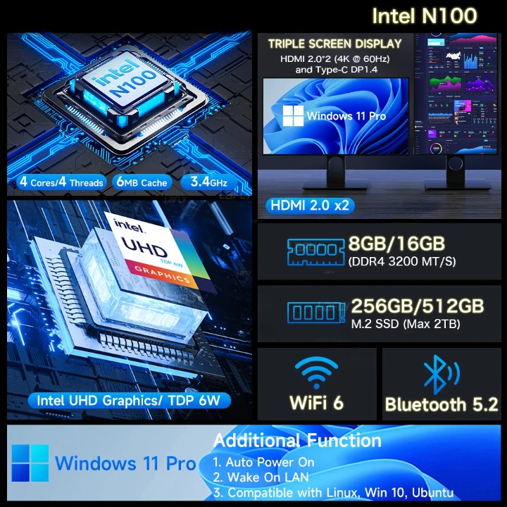 Mini PC – Mini Desktop – Compacte Computer – Kleine Pc – Desktop PC – Intel Alder Lake N100 Processor – Dual 4K HDMI Uitgangen - 8GB RAM - 256GB ROM - Zwart