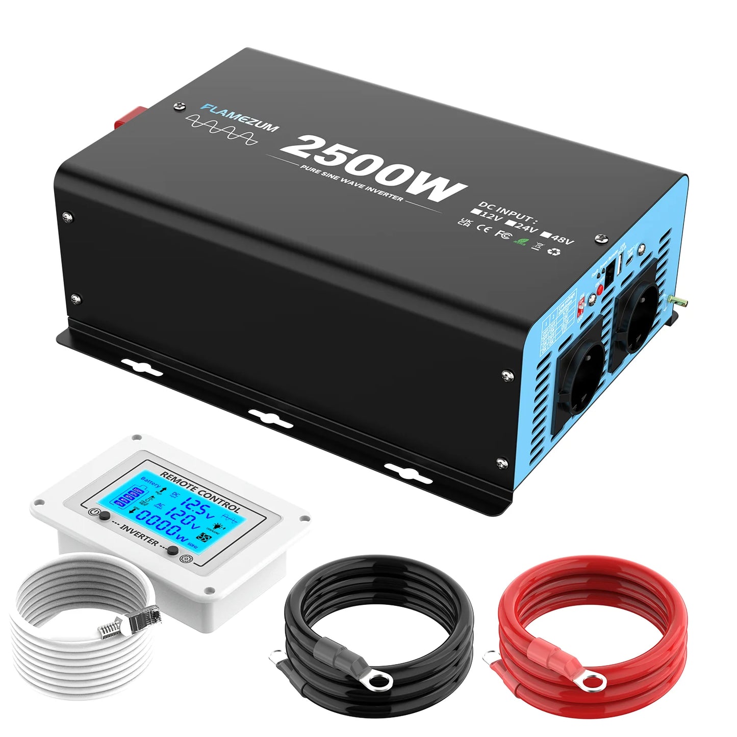 Omvormer – Spanningsomvormer – Inverter – Stroomomvormer – 2500W Vermogen – Pure Sinusgolf – Afstandsbediening – Aluminium Behuizing - QUORE