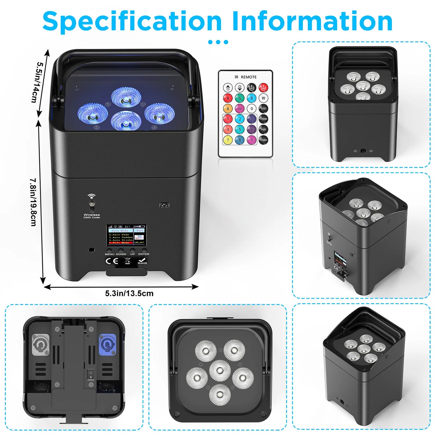 Fieryzeal 2PCS 6x18W RGBWAUV LED Par Light Wireless Built-in Battery Remote Control WiFi Wash Wall Stage Light for DJ Disco KTV