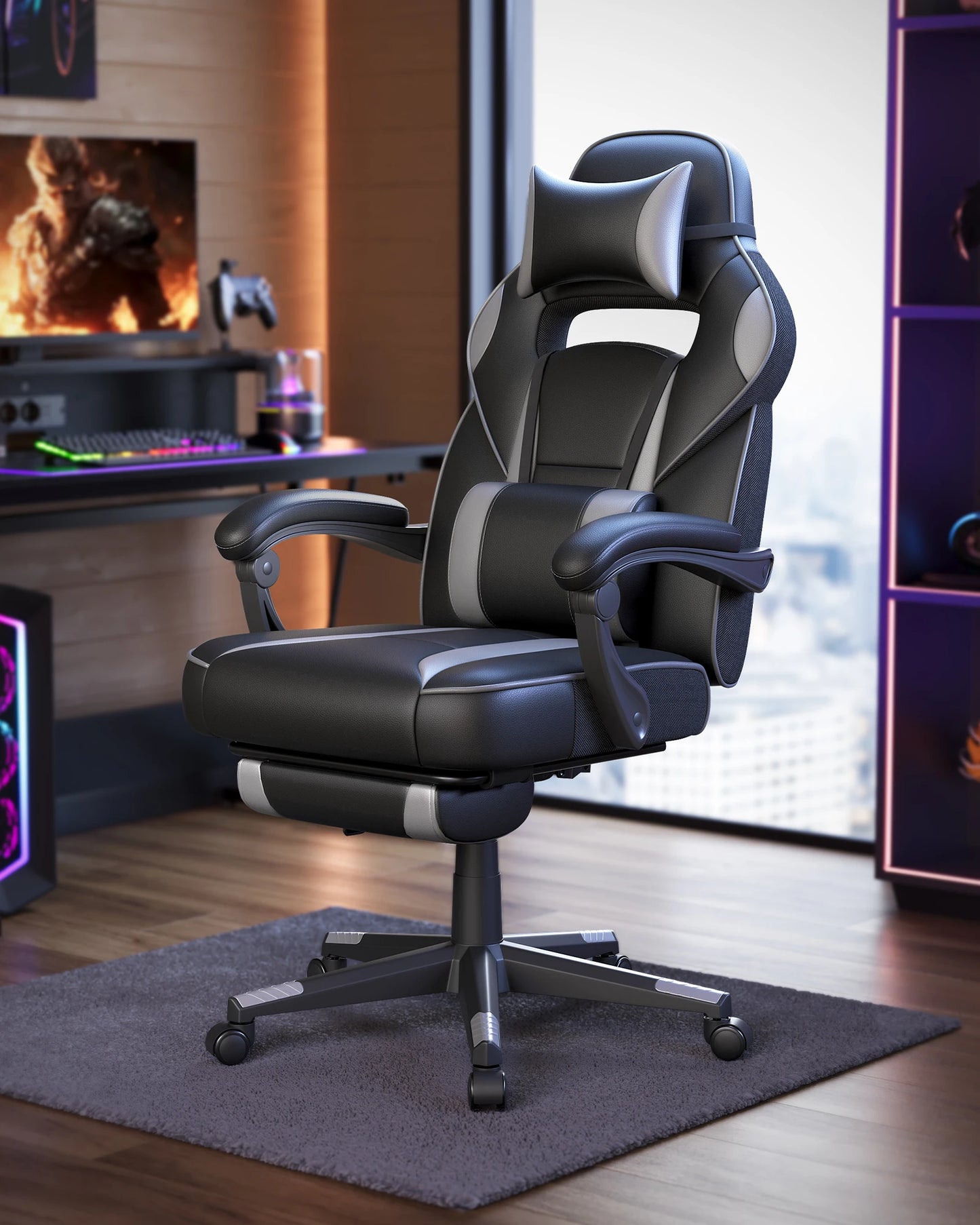 Gaming Stoel - Bureaustoel - Swivel Stoel - met Voetsteun - Hoofdsteun - Verstelbare - Rugleuning - Lendenkussen - Ergonomische - Draaibare - 67 x 66 x 116-126 cm - Zwart/Grijs