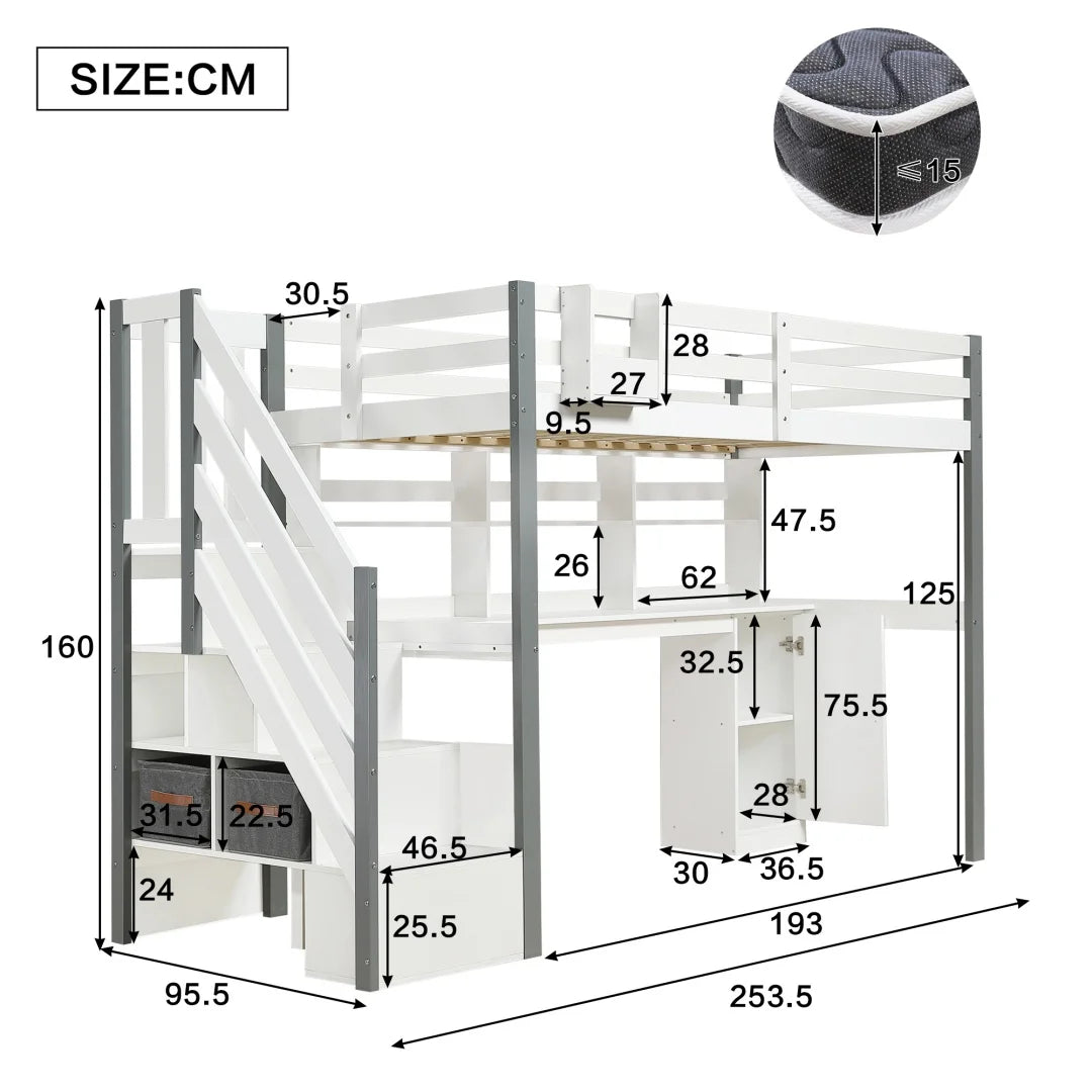 Hoogslaper – Metalen Bed – Eenpersoonsbed – Mezzanine – Kinderbed – 140x200 cm – Integraal Bureau & Opbergruimte – USB Oplaadstation met LED Verlichting