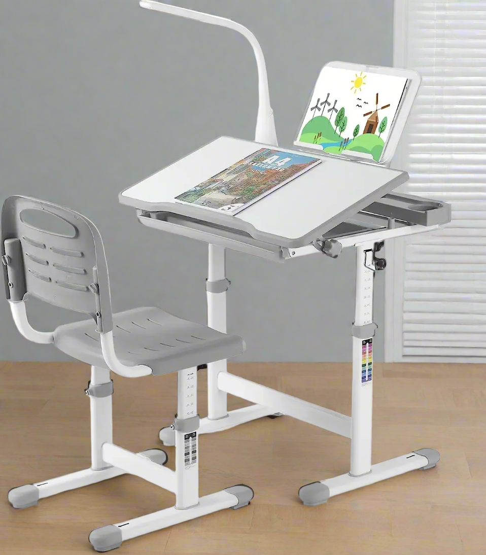 Kinderbureau – Kindertafel – Kinderschrijftafel – Kinderwerkplek – Kinderbureau Met Stoel – Verstelbaar In Hoogte – Inclusief Leeslamp Met Lade – Donkergrijs