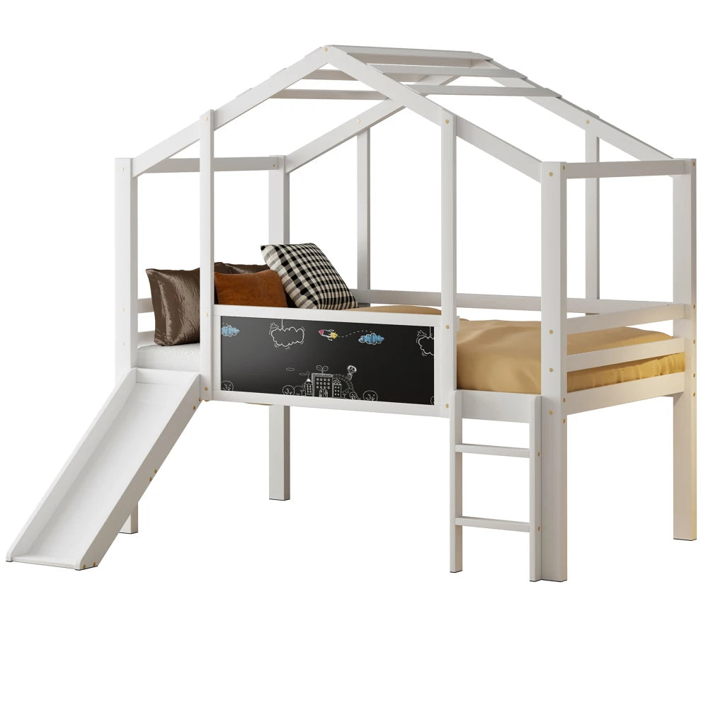 Kinderhoogslaper – Hoogslaper – Kinderbed – Stapelbed – Halfhoogslaper – Natuurlijk Massief Hout – Inclusief Glijbaan en Veiligheidsladder – Met Ingebord Krijtbord