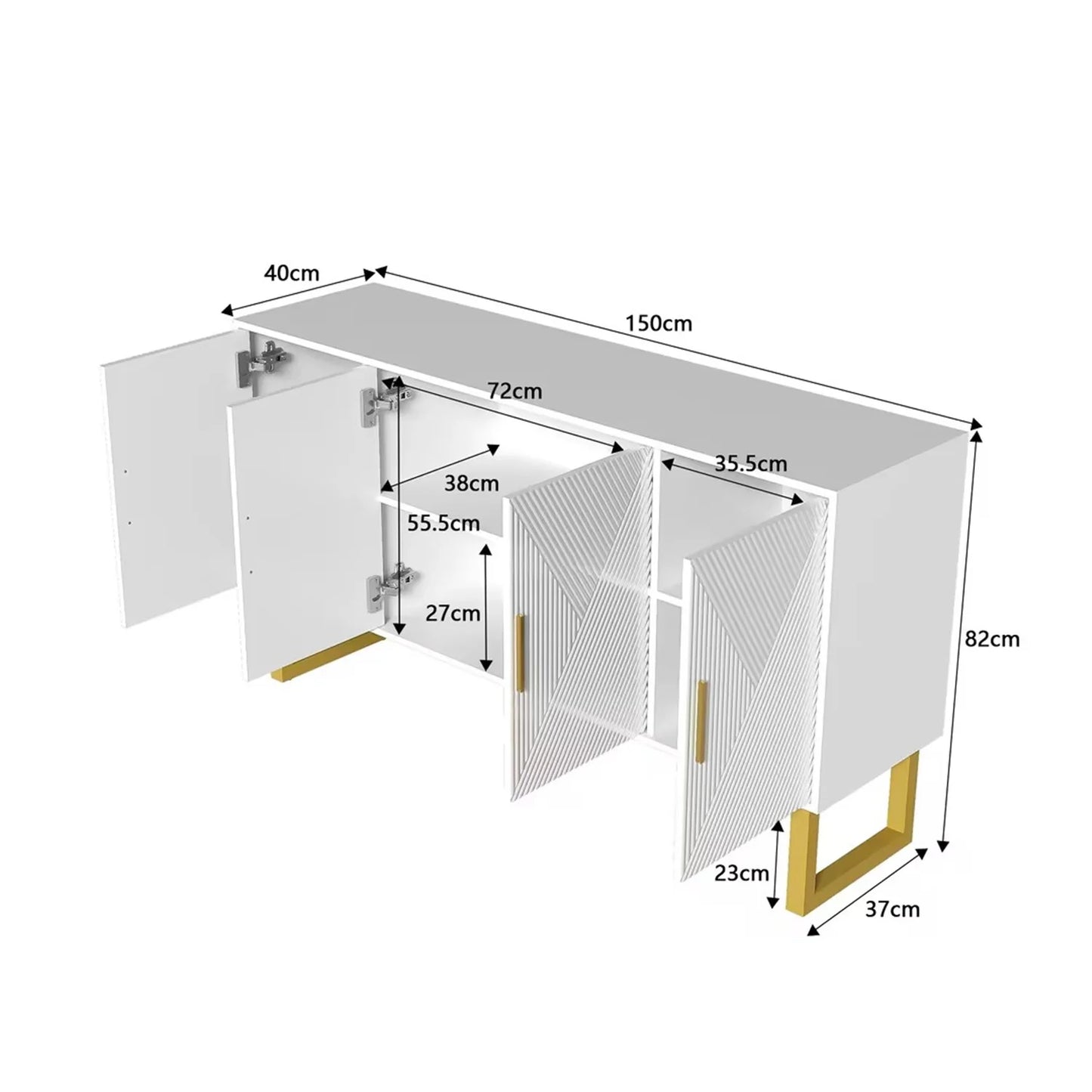 Dressoirkast – Dressoir – Opbergkast – Kast – Witte Kast – Hoogglans Deuren – Matte Gouden Pooten