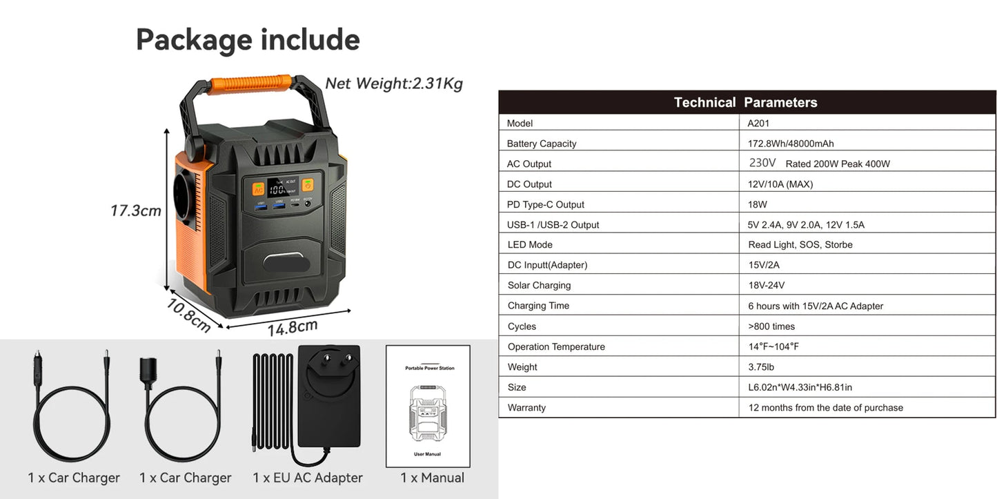 Draagbare Powerstation – Mobiele Energiecentrale – Noodstroomvoorziening – Camping Accu – 172,8 Wh Capaciteit – 200W Continu Vermogen