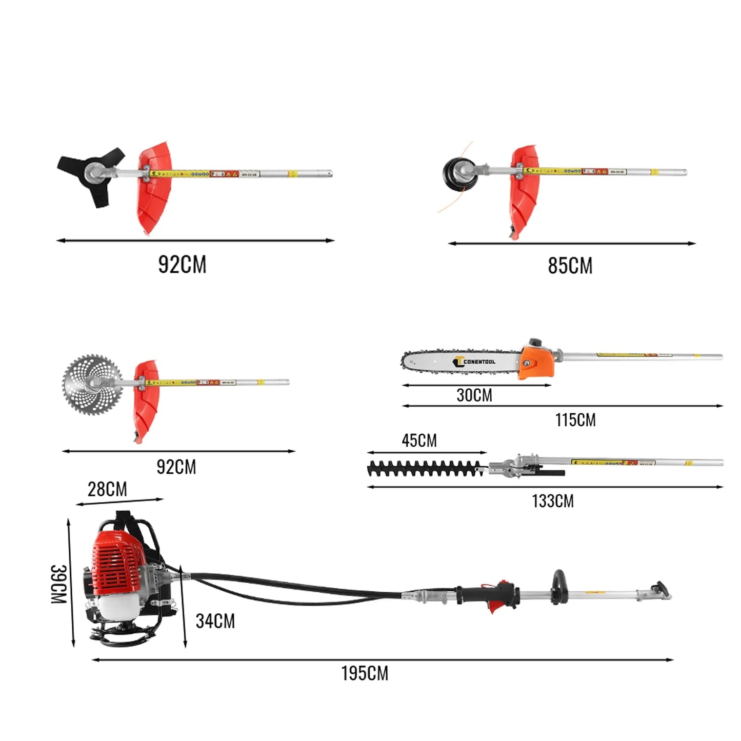 Bosmaaier - Grasmaaier - Grastrimmer - Heggenschaar - Grasschaar - Kettingzaag - 2-Takt 52cc 5-in-1 Benzine Tuingereedschap - met 3T Mes en Verlengstuk