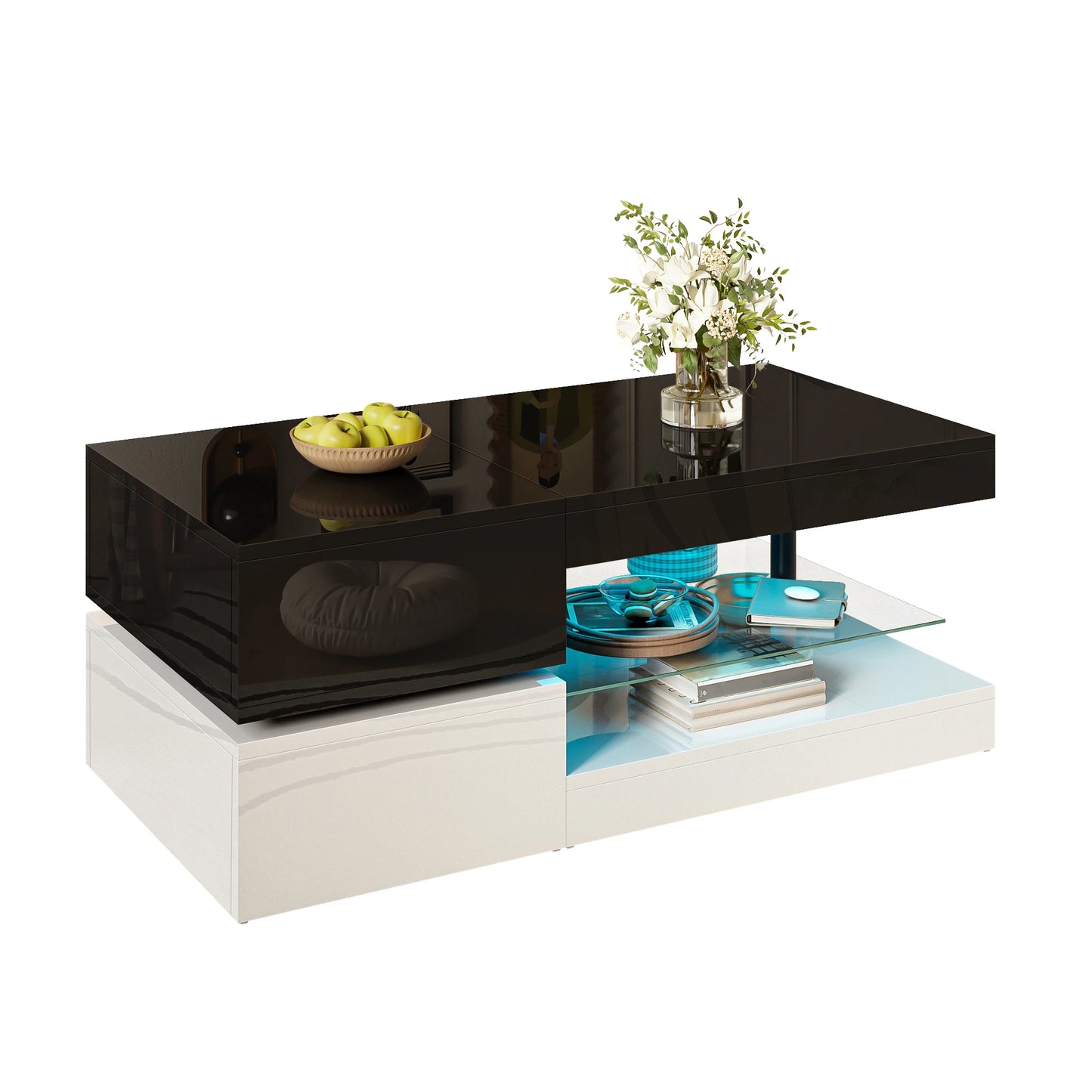 Modern coffee table with LED ambient lighting, app and Bluetooth control, glass shelf and high-gloss surface, black and white