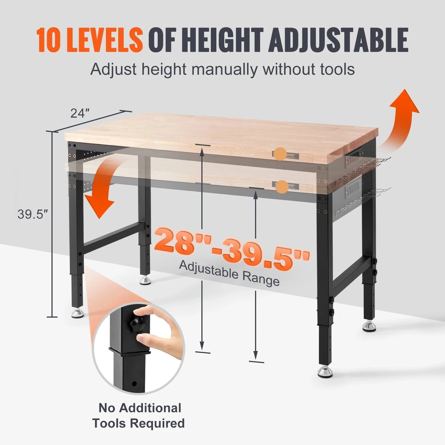 Verstelbare Werkbank - Werktafel - Industriële Werkbank - Garage Werkbank - met Wielen - 48x24inch - 2000lbs - Hoogte Verstelbaar - Houten Werktafel - Met Stopcontacten & Opberghaakjes – Mobiele Werktafel - voor Garage - Werkplaats