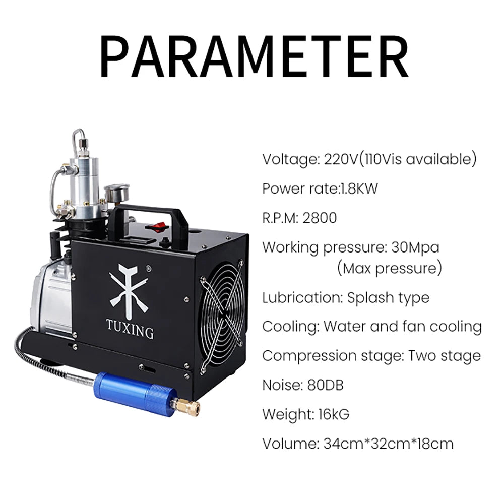 TUXING 4500Psi High Pressure PCP Air Compressor Electric Built-in Fan Compressor with Explosion-proof for Diving Scuba Airgun