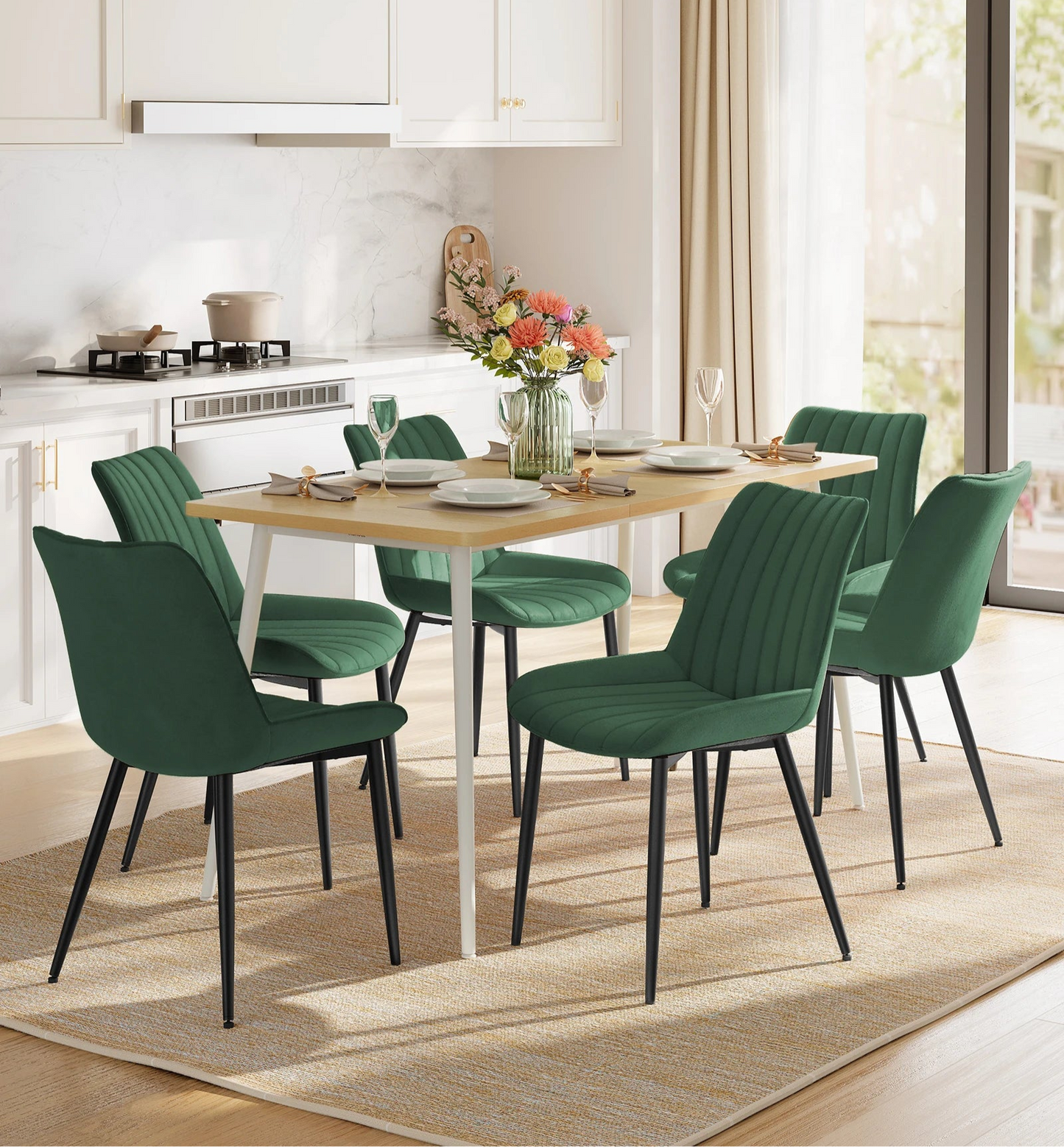 Eetkamerstoelen – Set van 6 - Gestoffeerde Stoelen – Stoelen Set – Comfortabele Stoelen – Met Zachte Schuimvulling – Verstelbare Voeten - Groen - QUORE