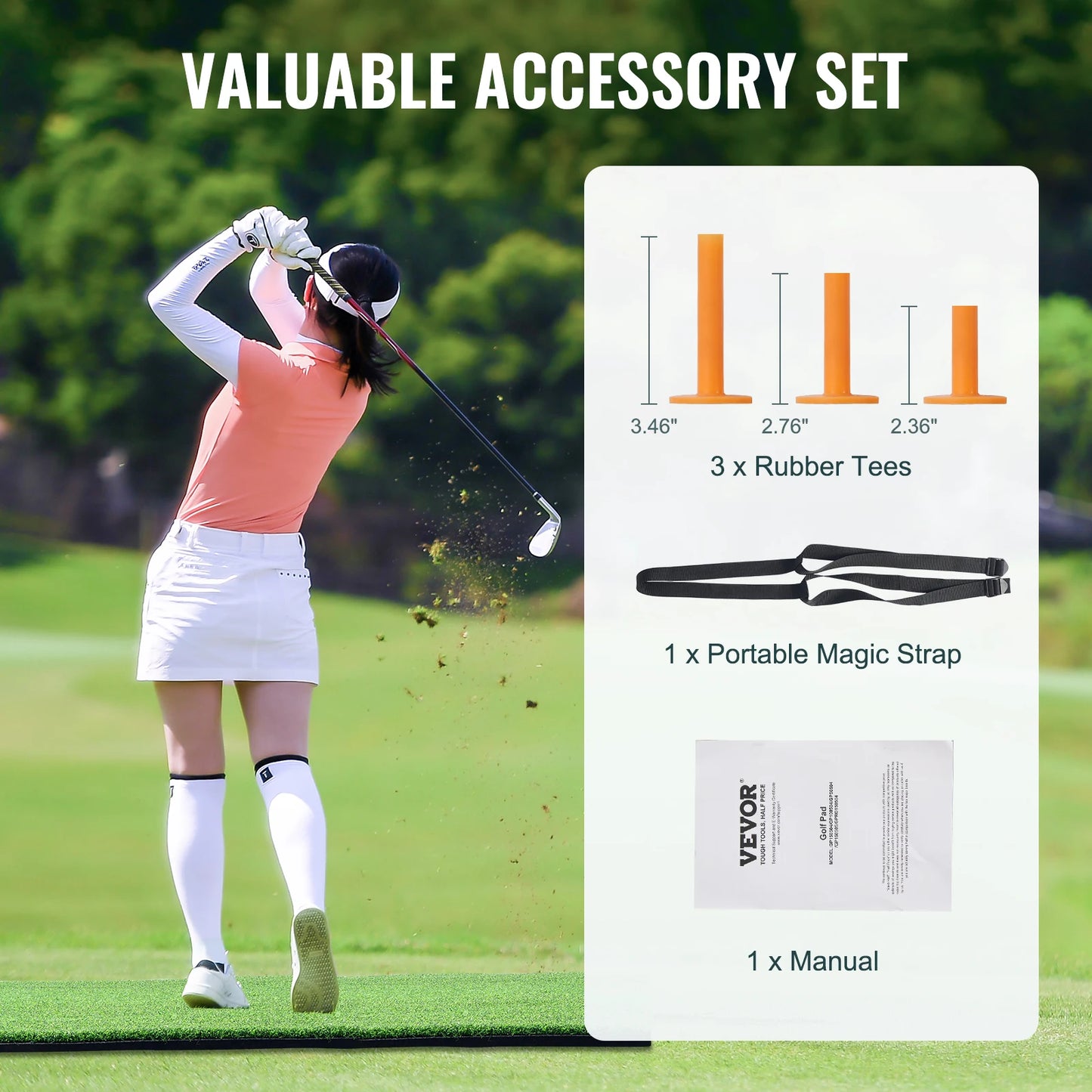 Golf oefenmat met 2 rubberen tees en 2 uitlijnstokken – Golfmat met 6 slagposities – Voor binnen- en buitengebruik – Golf trainingsset