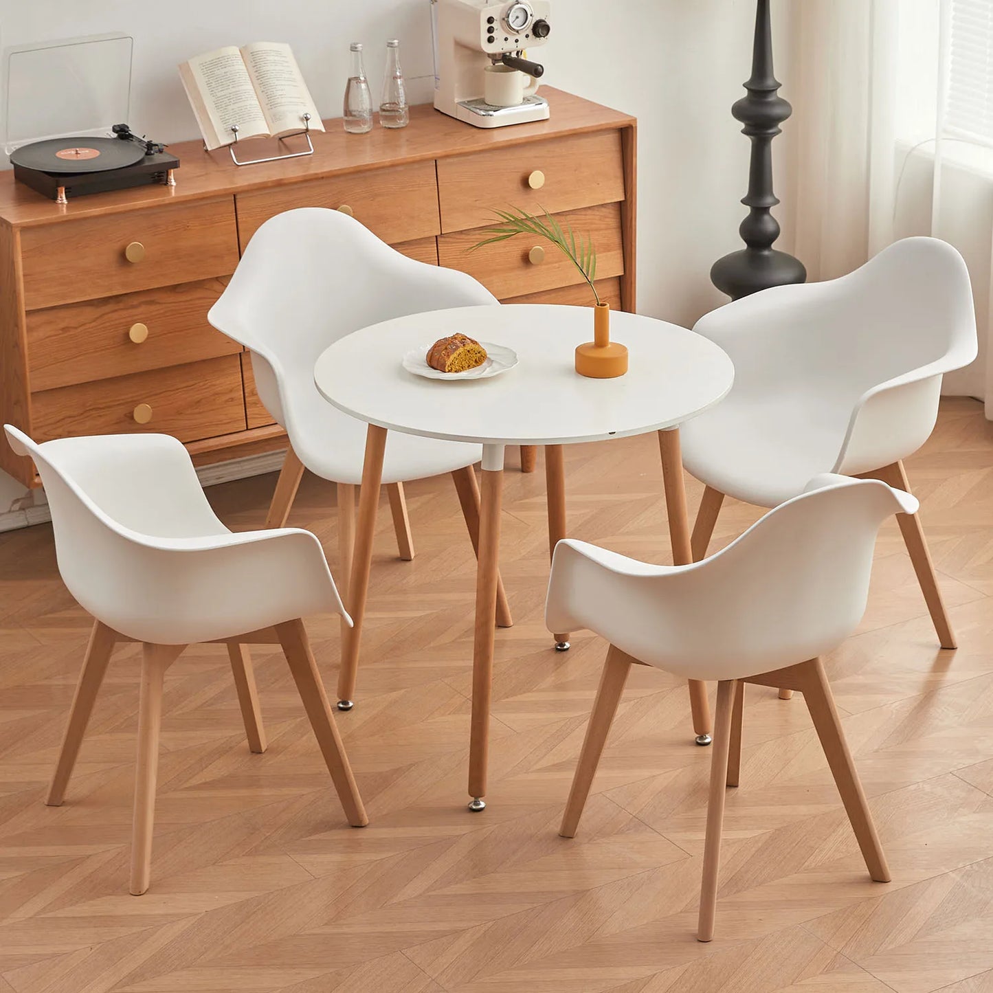 Eetkamerstoelen - Eetstoelen - Keukenstoelen - Set van 4 - Minimalistisch Retro Modern Stijl - met Rugleuning - Voor Keuken - Eetgedeelte - Kunstof Zitje - Beuken Poten - 43 x 47 x 81.5 cm - Wit