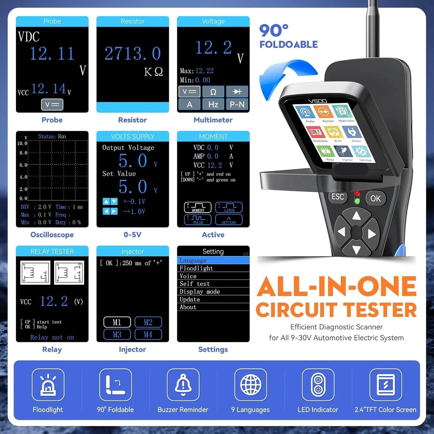 Circuittester – Multimeter – Spanningsmeter – Automatische Detectie – Oscilloscoop – 6-in-1 Functie – Injectortest