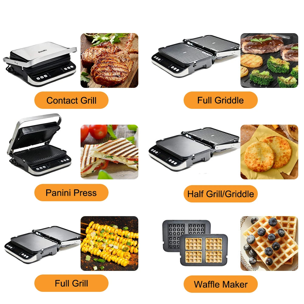 Wafelijzer - Wafelmaker - Waffle iron - Waffle Machine - Regelbare Thermostaat - 2000W - 6-in-1 - Elektrische Contactgrill - Grill - Griddle & Panini Pers - Zilver - QUORE