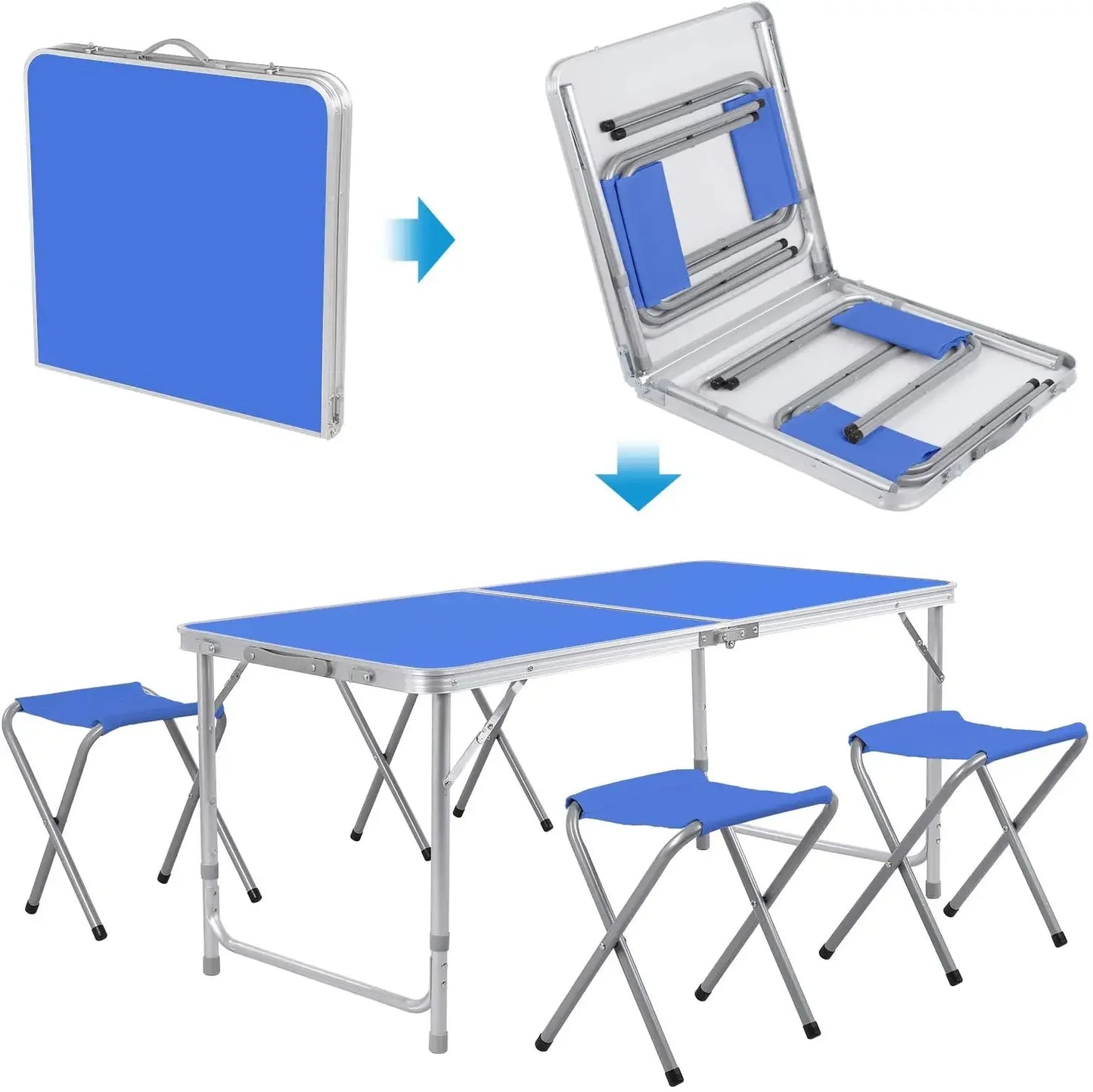Klaptafel - Campingtafel - Kampeertafel - Picknicktafel - Blauw - 120cm Opvouwbaar - 4 Kruk - Buitenmeubilair - Metaal.