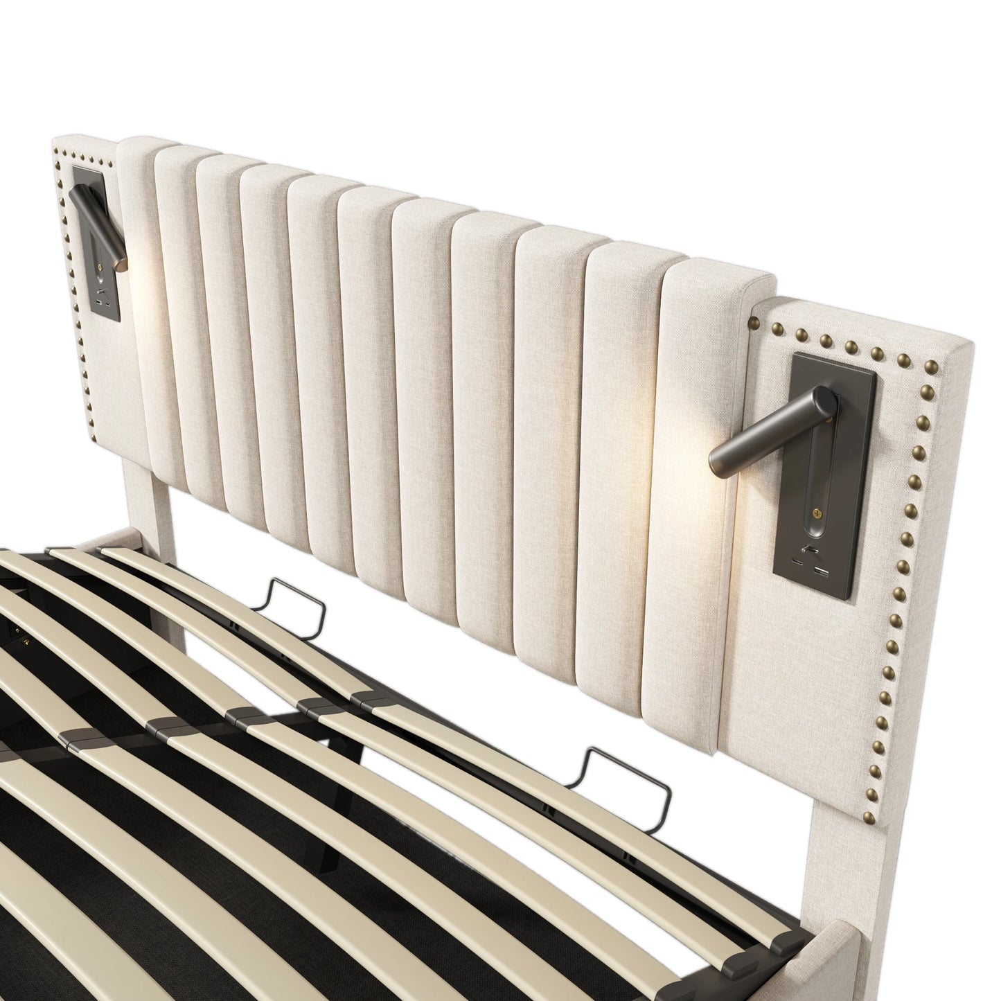 Tweepersoonsbed – Bedframe – Slaapbank – Boxspring – Opbergbed – Beige 160x200 cm – Verstelbare Rugleuning – Ingebouwde USB-C Oplaadpoorten