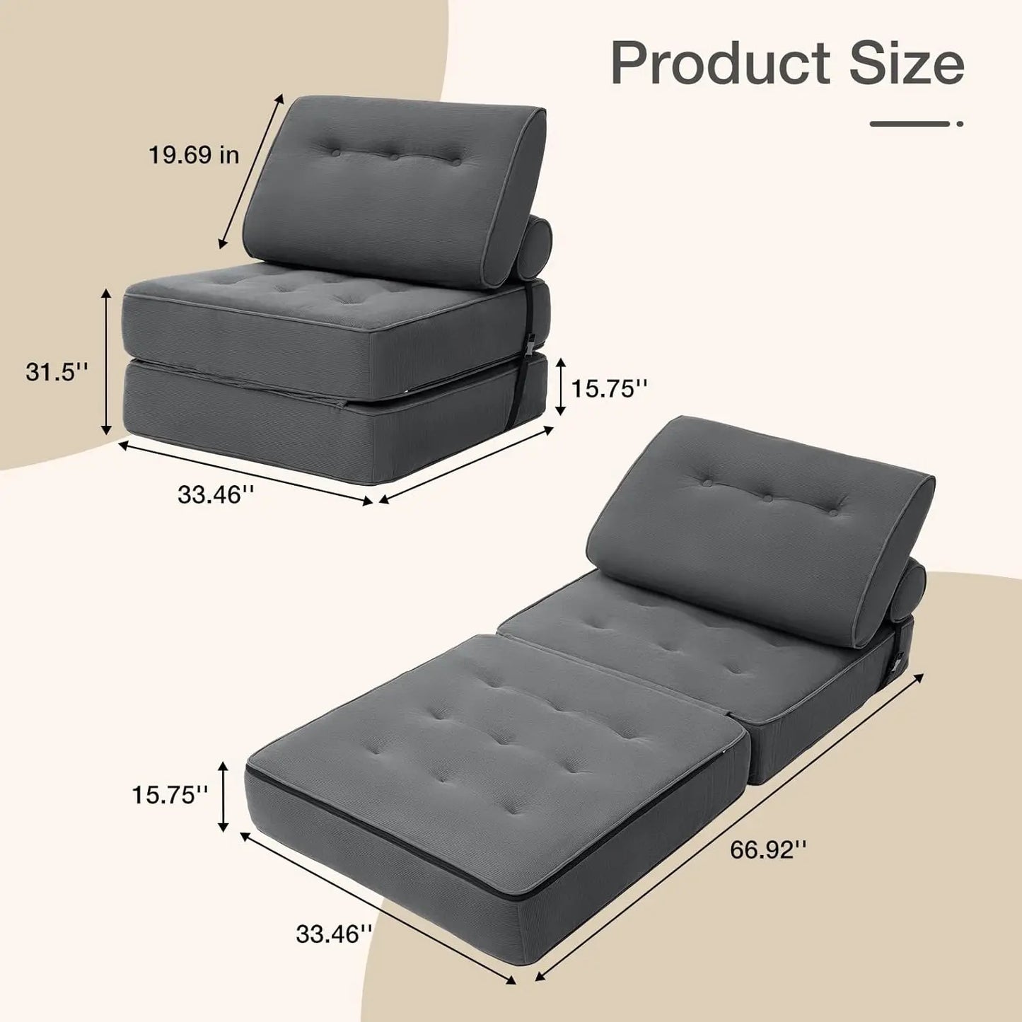 Vouwbank – Slaapbank – Uitklapbare Bank – Sleeper Chair – Zitbank – Donkergrijs – Compact Formaat – Corduroy-achtige Stof – Virgin Foam Matras