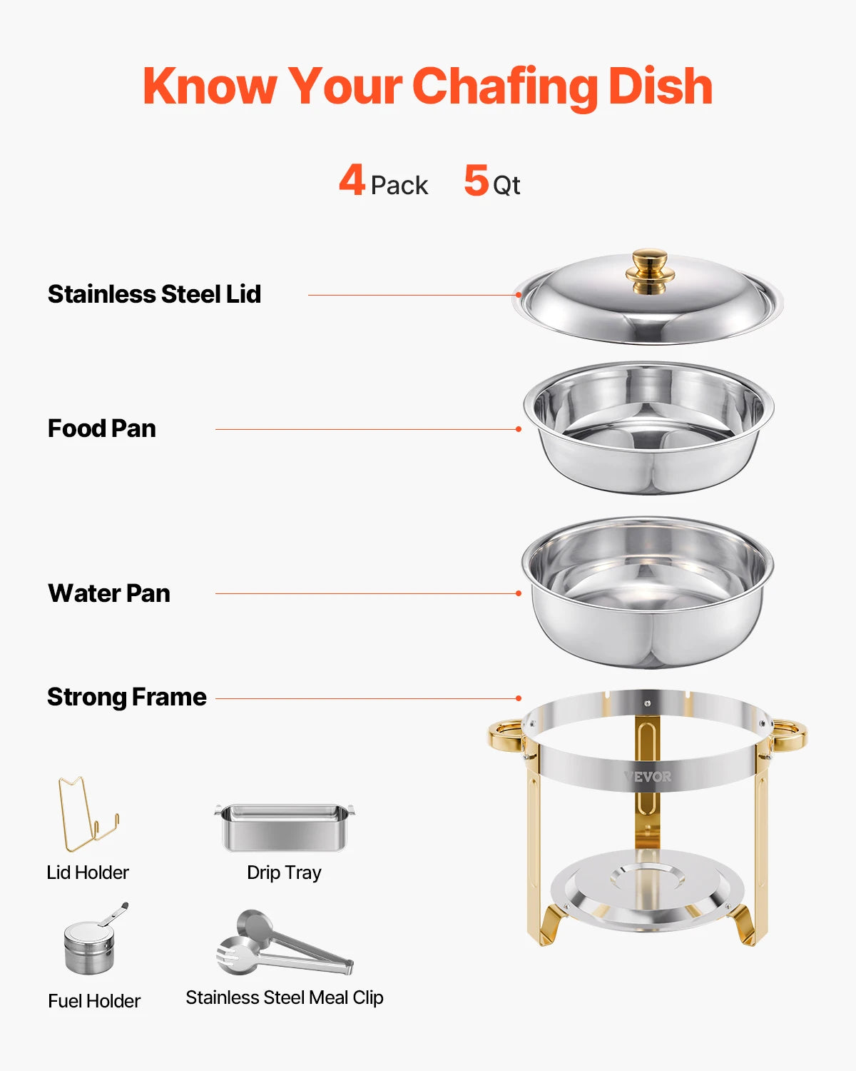 Chafing Dish - Warmhoudplaat - Buffetwarmer Set - Rechaud - RVS - Volformaat Buffet Warmhoudpannen - voor Feesten & Banketten - Set van 4 - Goud - QUORE