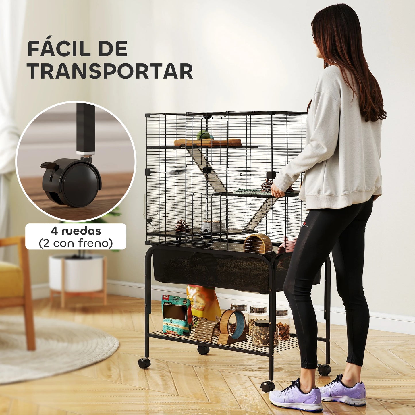 Dierenkooi Kleine Huisdieren – Knaagdierkooi – Fretkooi – Chinchillakooi – Hamsterkooi – 4-laags Met Wieltjes – Diepe 18 cm Bodembak – Stalen Constructie