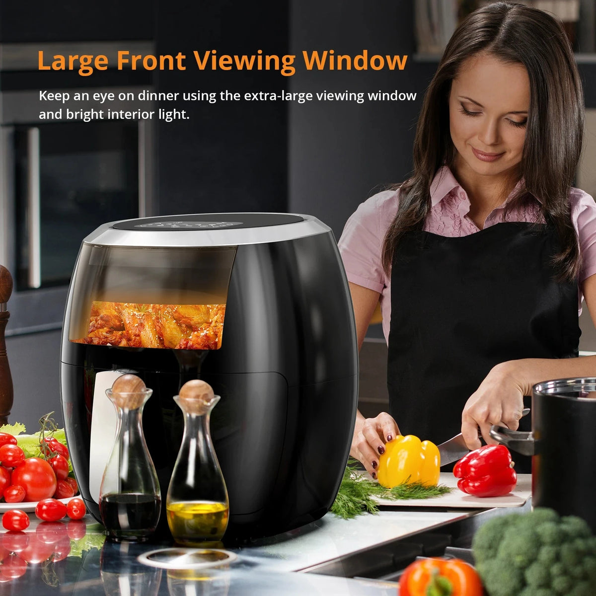 Digitale Airfryer - PFAS vrij - Heteluchtfriteuse - Zwart - Digital screen - 8 Voorinstellingen - Inclusief in hoogte verstelbaar Grillrack - Olievrije kookplaat - met kijkvenster - 8QT Airfryer - Vaatwasserbestendig