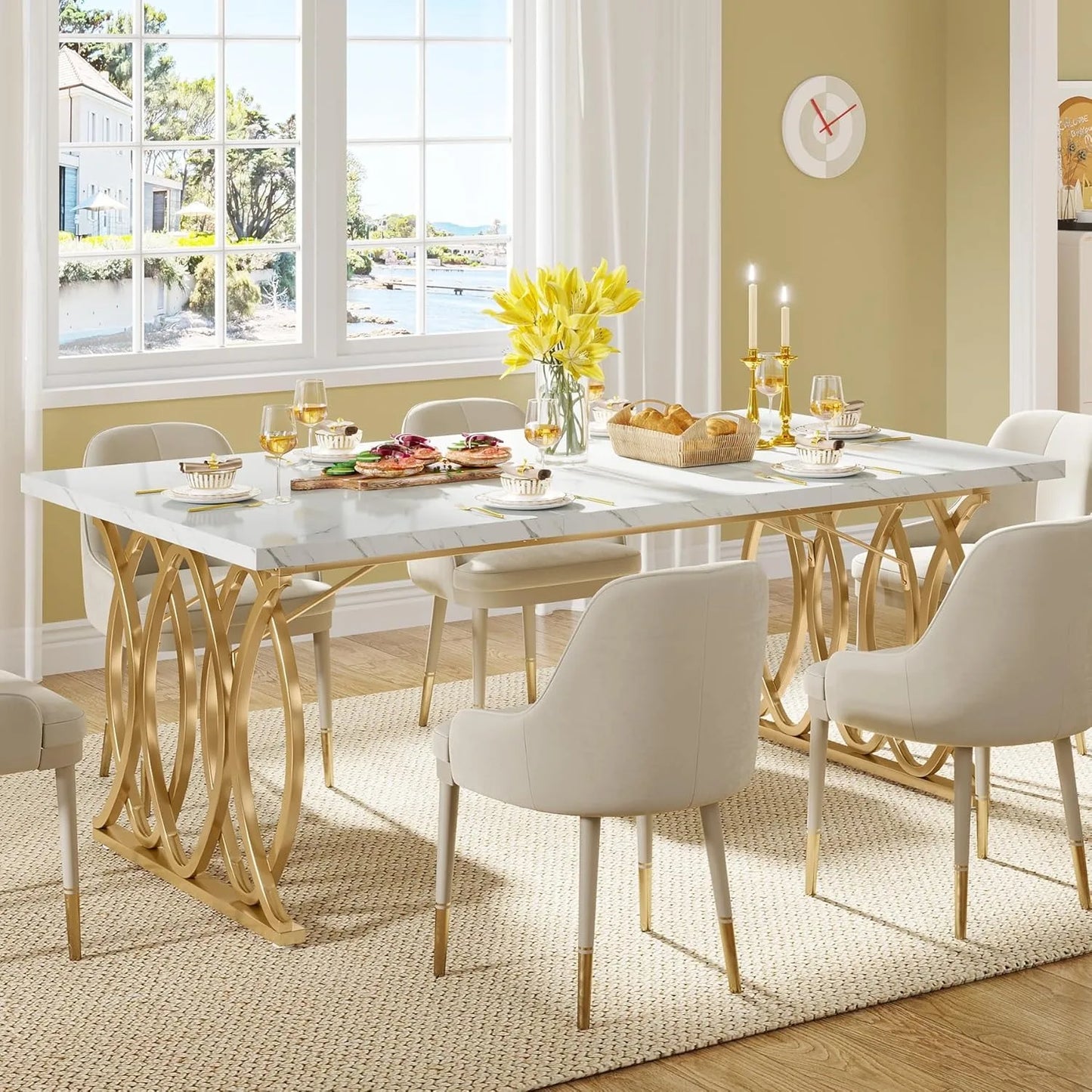 Eettafel – Dinertafel – Keukentafel – Tafel – Tafeltje – Wit-Gouden Uitvoering – 160 cm Ruim Tafelblad – Stevig & Duurzaam