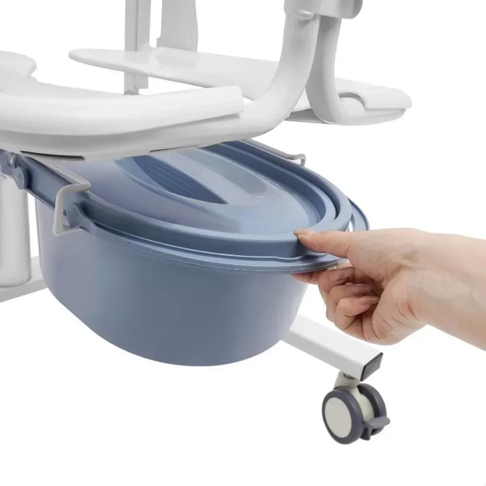 Transportrolstoel - Rolstoel - Rollator - Patiëntenlift - Douchestoel met Wielen voor Senioren – Verplaatsbare Toilet – Comfortabel & Veilig – Wit/Blauw
