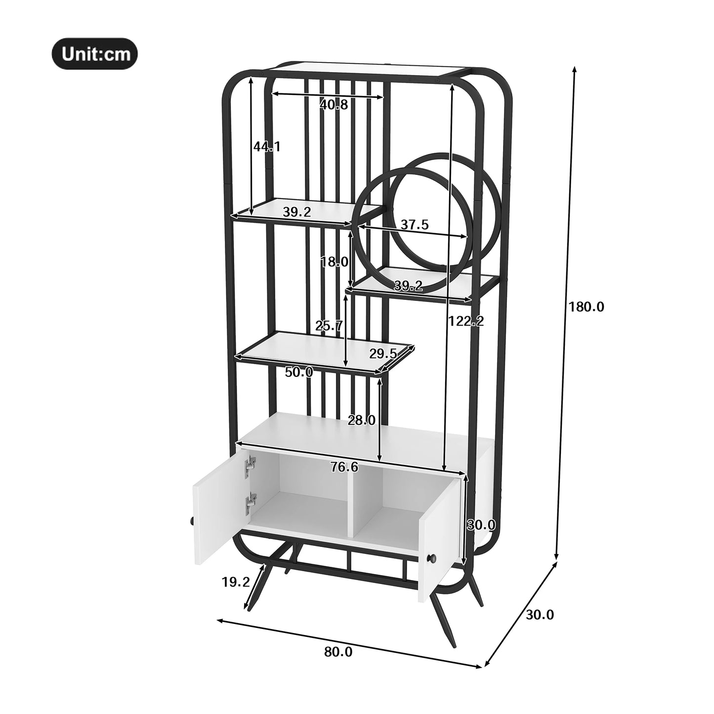 Metalen Rek – Opbergkast – Boekenplank – Wandmeubel – Sierrek – 180 cm Hoog – Zwart Metaal & Wit MDF – Dubbele Deuren – Ronde Hoeken