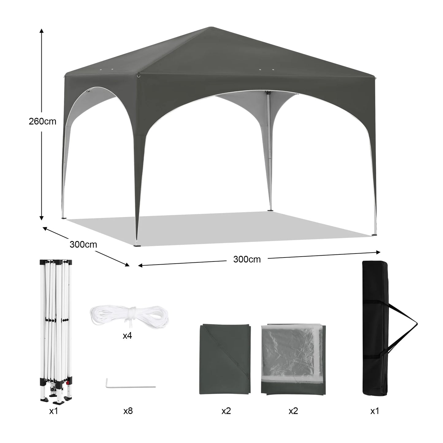 Gazebo Pop-Up Tent - Opvouwbare Partytent - Tenten - Kampeertent - Waterdichte Camping Tent - 3x3m - met 4 Zijwanden en Afvoerputje - voor Tuin en Buiten - Grijs