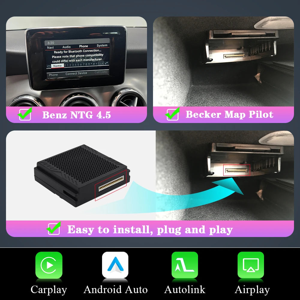 Draadloze Apple CarPlay Retrofit Box – Android Auto Interface – Multimedia Adapter – Smart Connectivity Upgrade – Voor Mercedes NTG 4.5 Becker – Eenvoudige Installatie – Originele Bediening Behouden