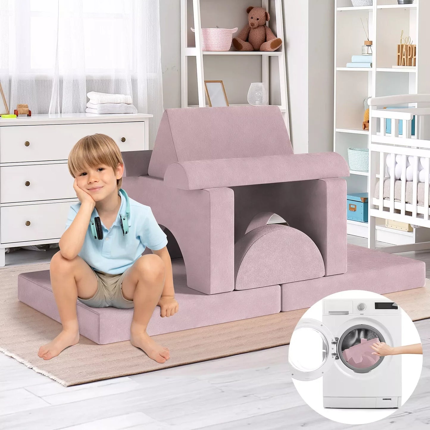 Zetel - Kinderbank - Kinderzetel - Bankje - Bank - Modulaire - Sectie Sofa - Fortplay Meubel - voor Slaapkamer en Speelkamer – Converteerbare Schuim & Vloerkussen - Roze