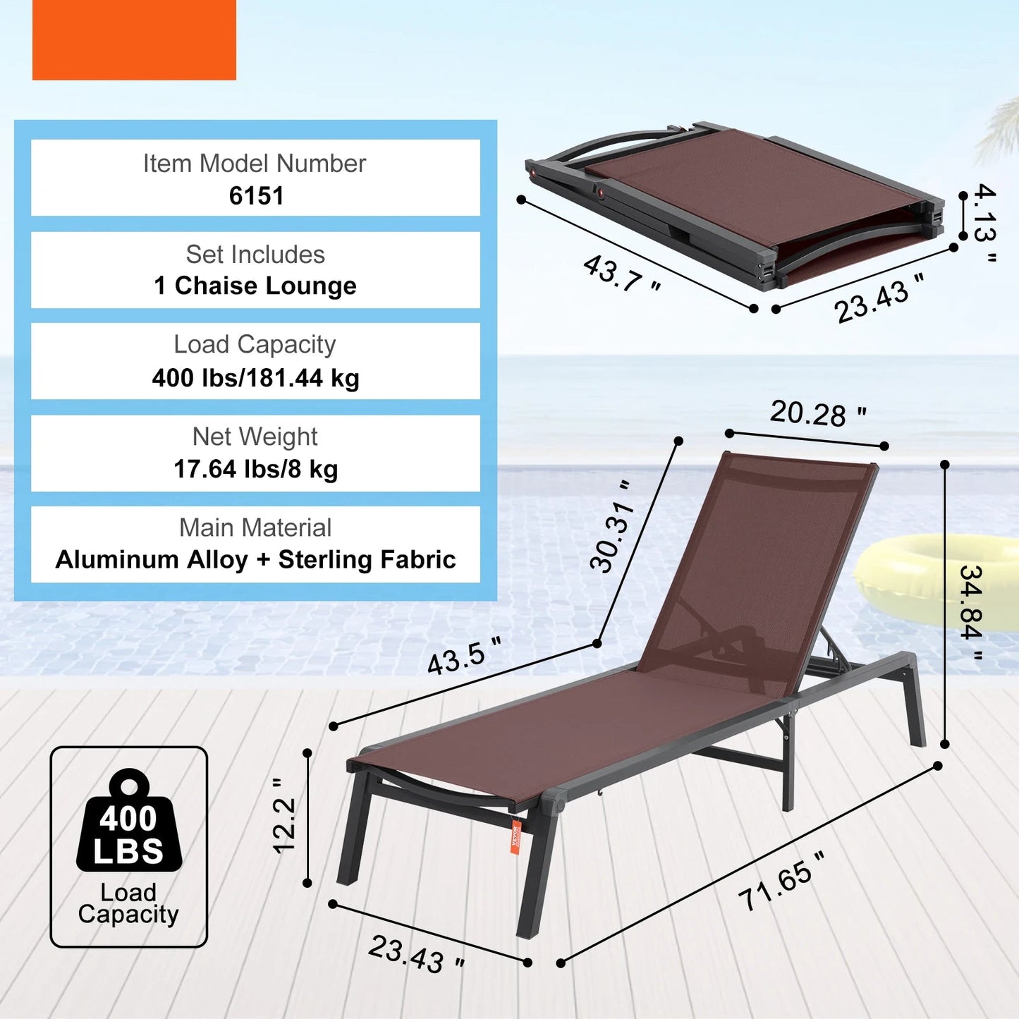 Ligstoel – Verstelbare Ligstoel – Tuinstoel – Strandstoel – Balkonstoel – 5 Verstelbare Standen – Lichtgewicht Aluminium Frame - Bruin - 17.64lbs