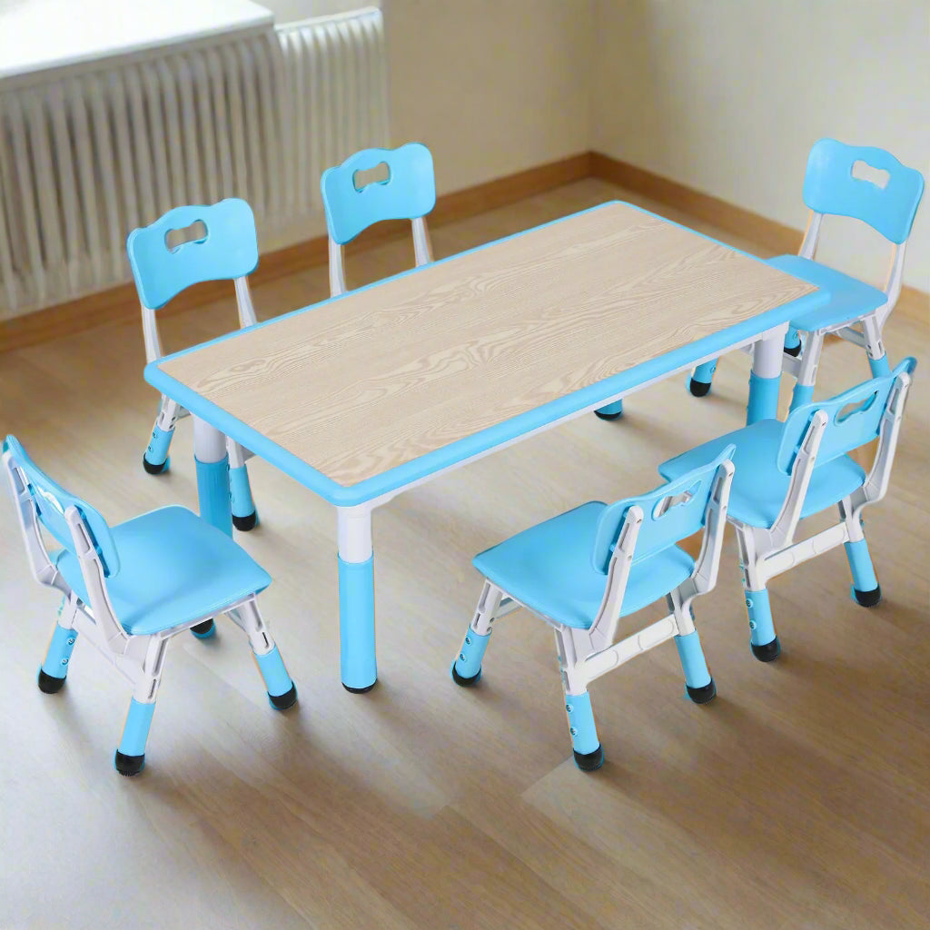 Kinder Tafel Met 6 Stoelen – Kindermeubel – Speeltafel – Knutseltafel – Verstelbare Kinderstoel – Verstelbare Hoogte – Duurzaam Kunststof Met Houtlook - Blauw - QUORE