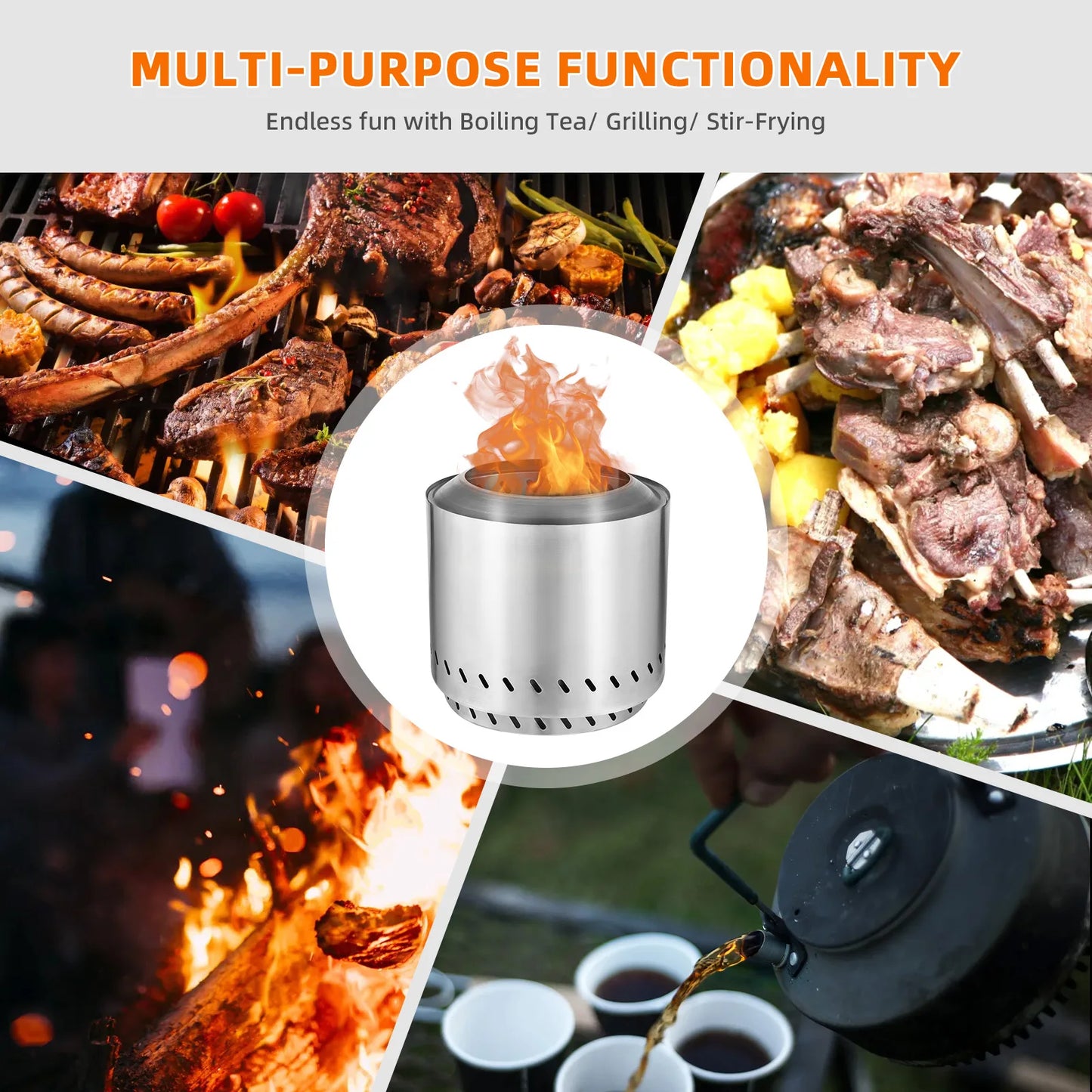Vuurkorf - Vuurschaal - Schaal – Rookvrije Ronde Houtgestookte - voor 4–6 Personen – Ideaal voor Camping, Terras en BBQ - 4–6 Personen - Grote Zilveren
