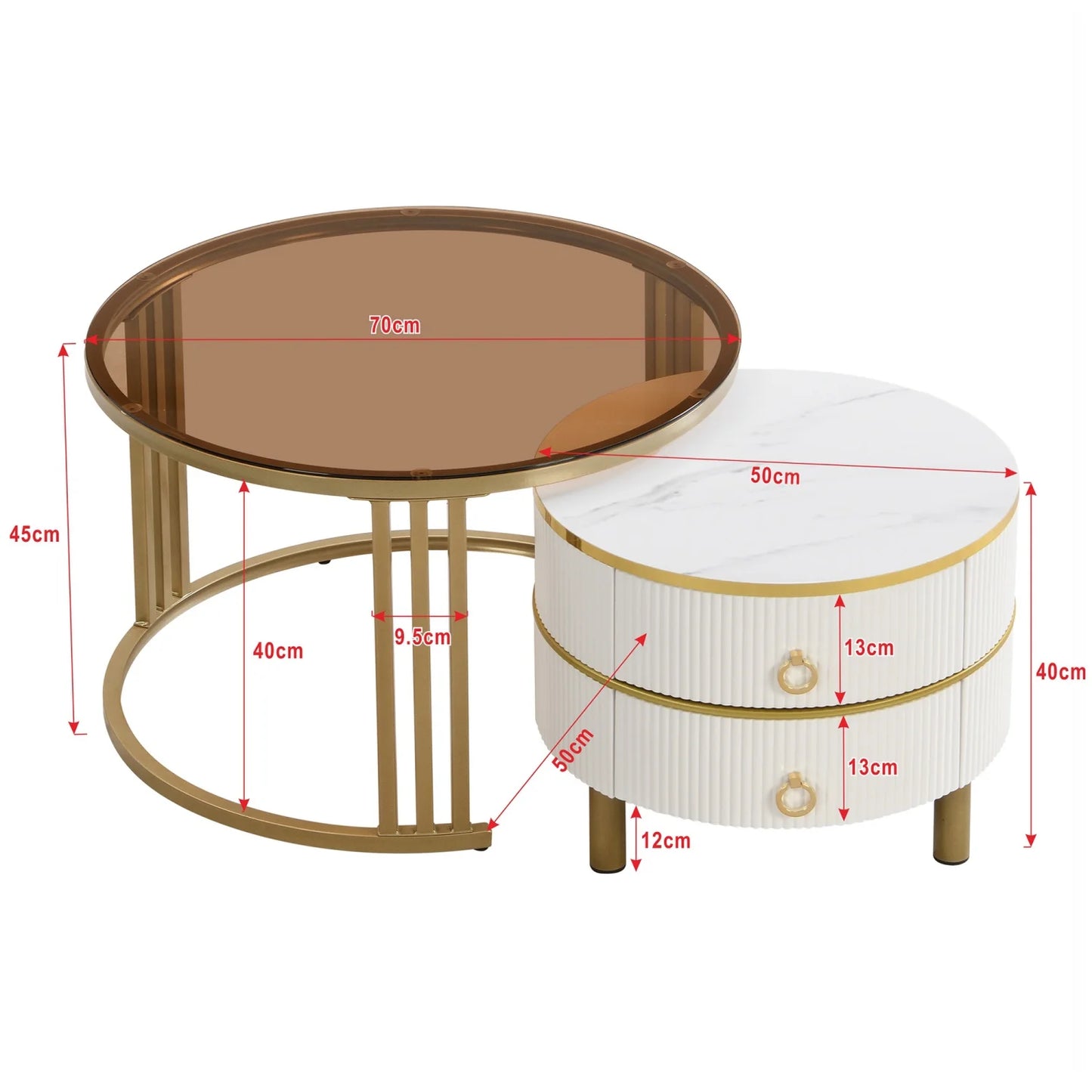 2-in-1 Salontafel – Ronde Tafel – Bijzettafel – Woonkamertafel – Koffietafel – Hoogglans Wit en Bruin – 2 Laden – Compact en Stabiel Design