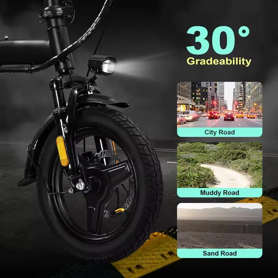 Elektrische Fiets - Gas Fiets - Mini E-bike - Draagbare - Opvouwbare - voor Volwassenen - Stedelijke Forens - 400W - 48V - 10.4Ah - 25 km/h - 6W LED-koplampen - Zwart