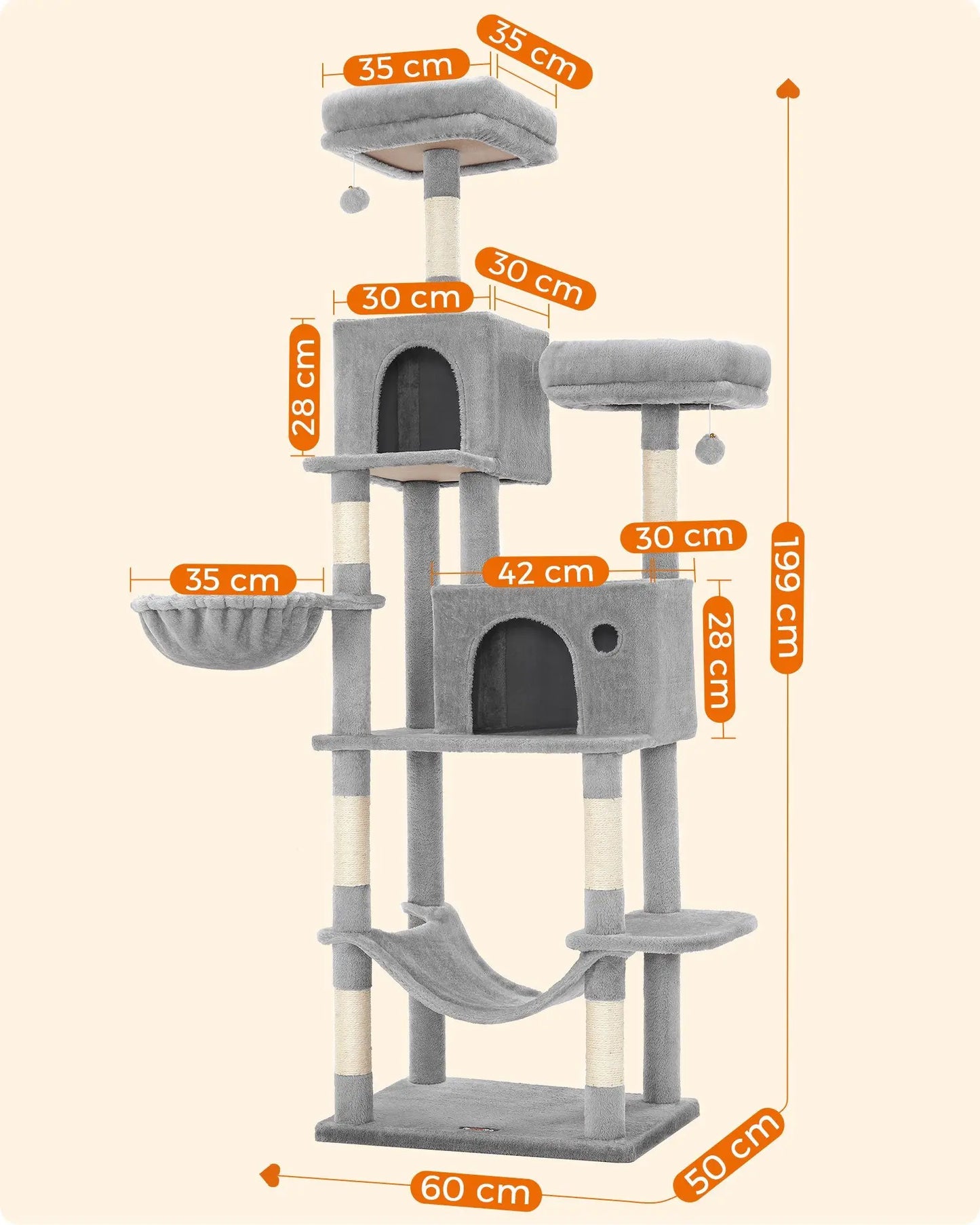 Krabpaal - Krabton - Krabmeubel - Kattentunnel - Kattenspeelgoed - 199cm - Inclusief Grote Ligplaats en Afneembare Hoezen – Lichtgrijs - QUORE