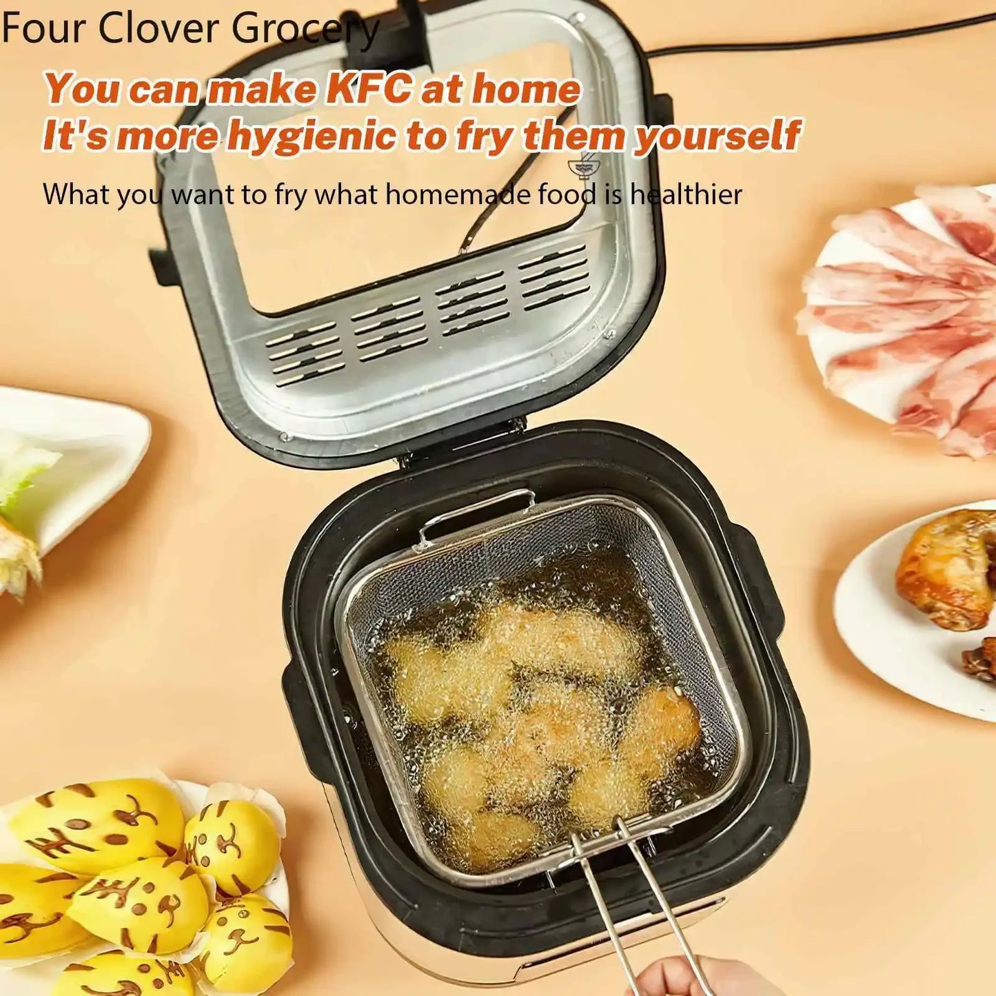 220V Electric Deep Fryer 2.5L French Frie Machine Oven Oil Hot Pot Fried Chicken Grill Adjustable Thermostat Kitchen Cooking