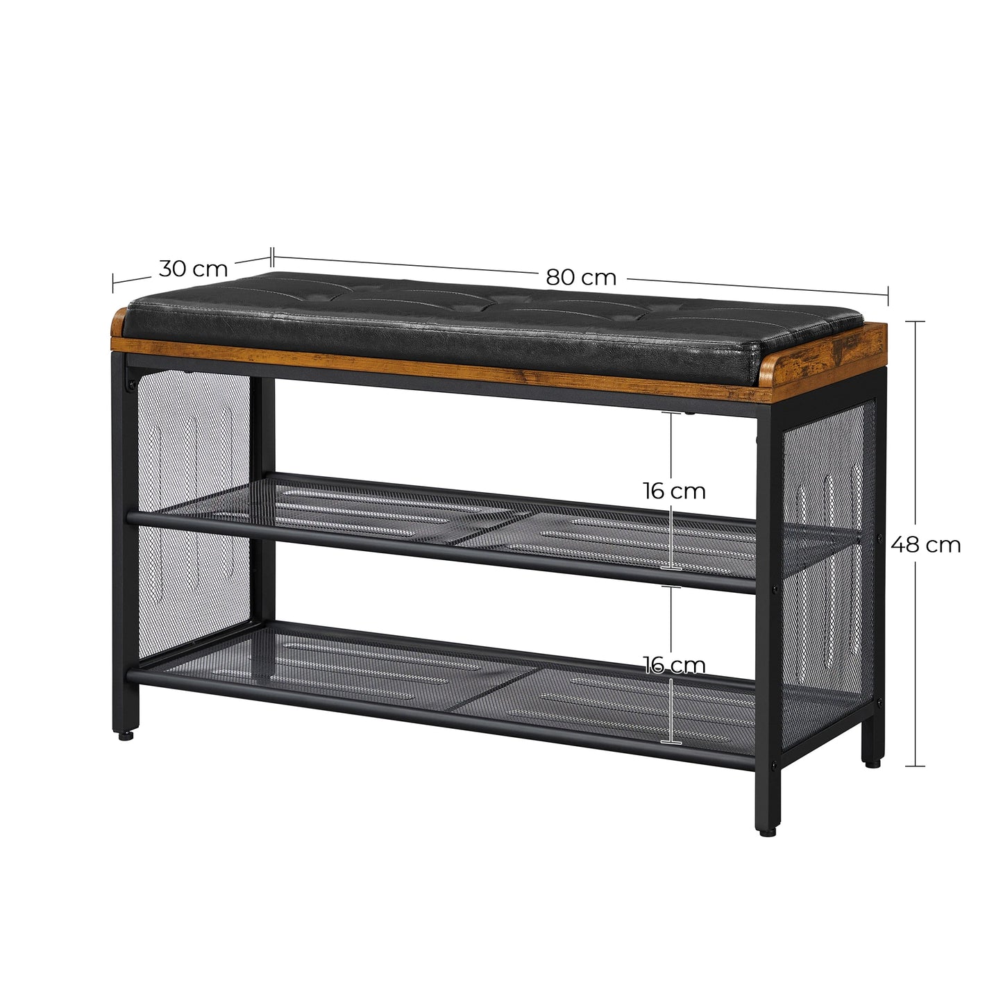 Schoenenbank Met Zitkussen - Schoenenrek - Halbank - Bank - 80 cm x 30 cm x 48 cm - Zwart/Donkerbruin - QUORE
