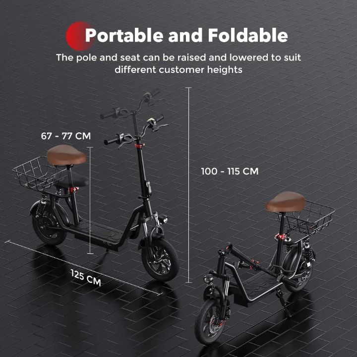 Scooter - Elektrische Step - E-Scooter - Opvouwbare - met Koplampen - Achterlichten - Mand - Verstelbare Stoel - 12 Inch - 7.5Ah - 500W - 36V - 35km/h - 115 x 125 cm - Zwart