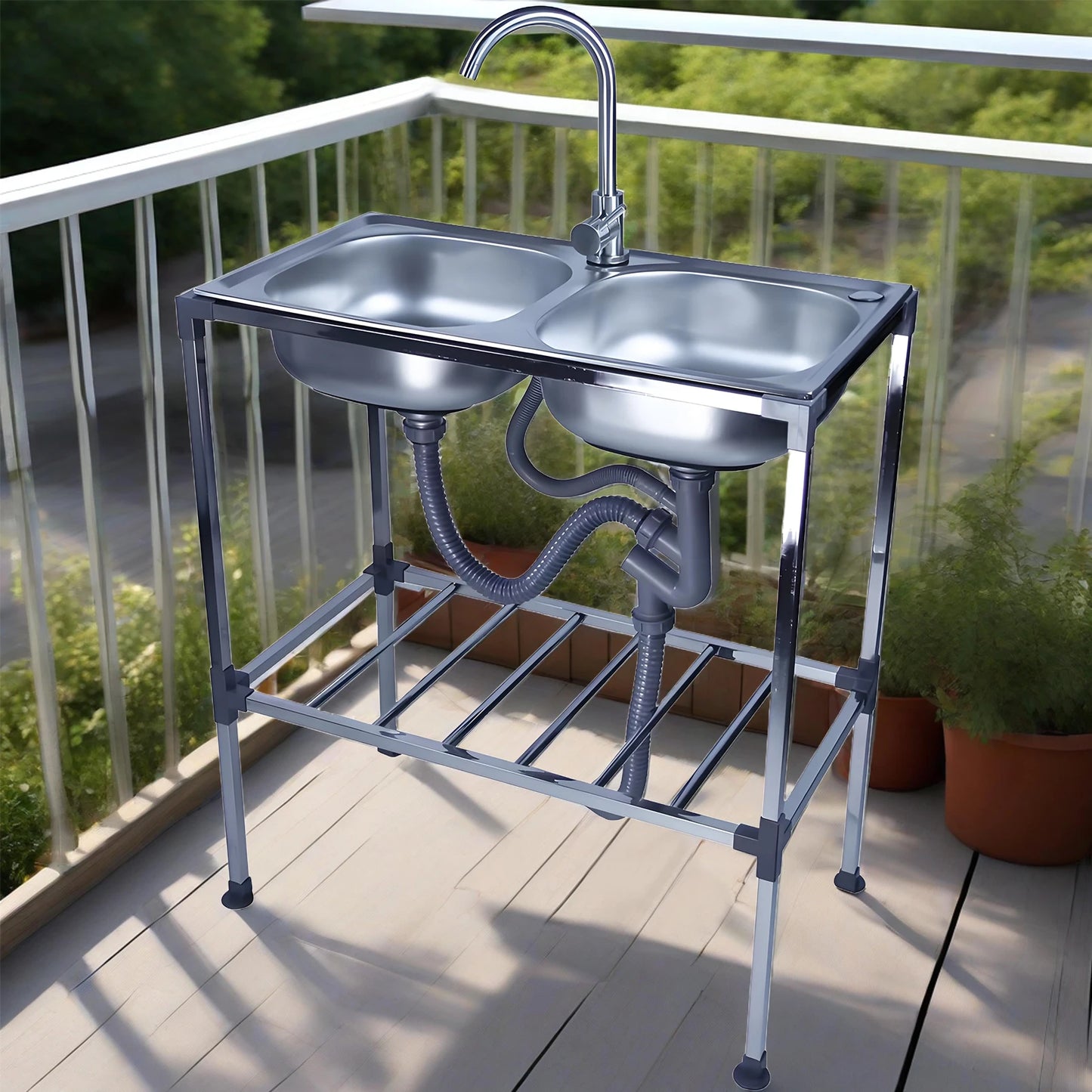 Dubbele Waskom RVS – Dubbele Spoelbak – Vaatbak RVS – Keukenspoelbak – Vrijstaande Spoelbak – Roestvrij Staal – 75x40x83 cm – Mengkraan Warm & Koud