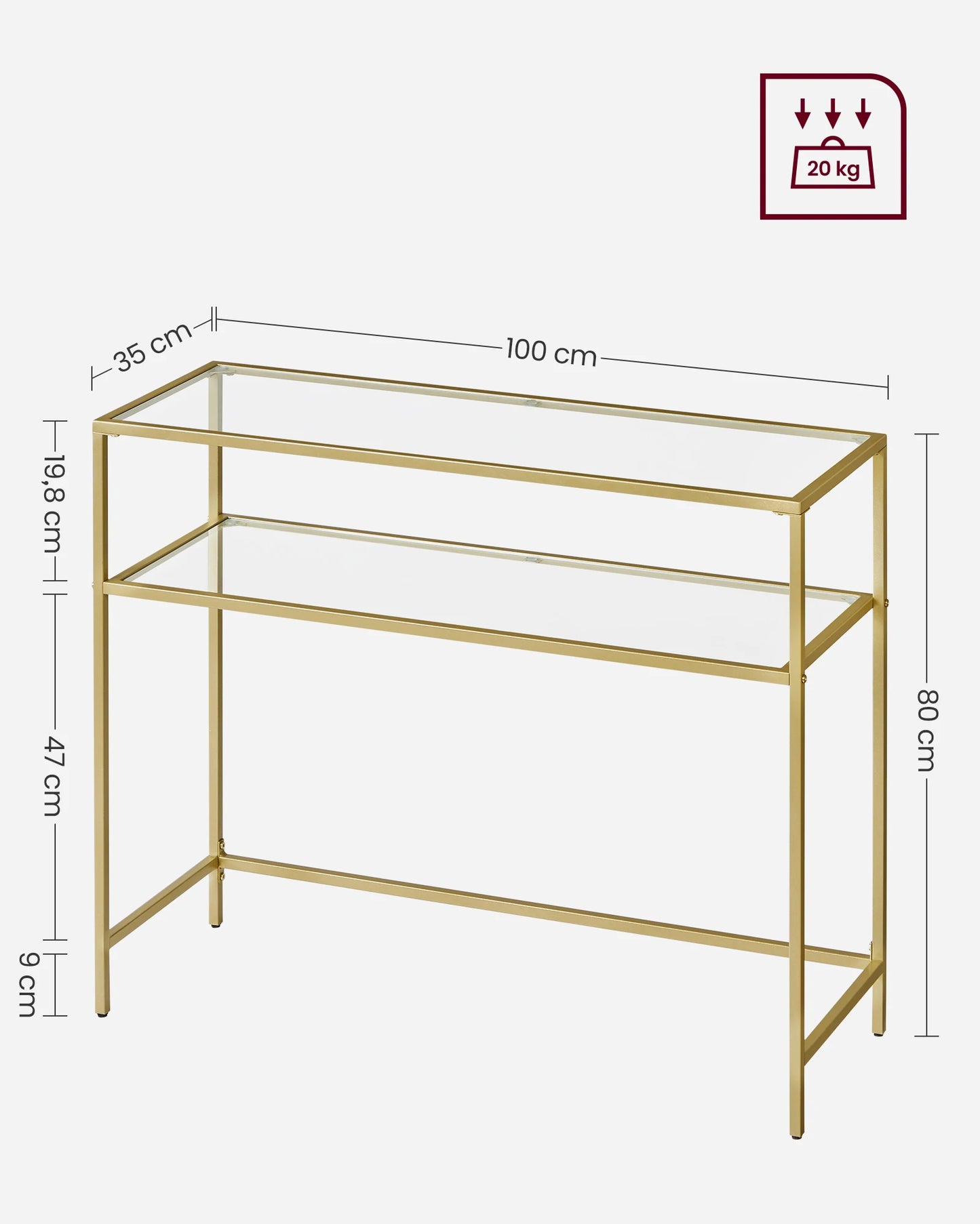 Bijzettafel - Haltafel - Woonkamer - Smalle Console - Woonkamer - 100 cm x 35 cm x 80 cm - Goud - QUORE