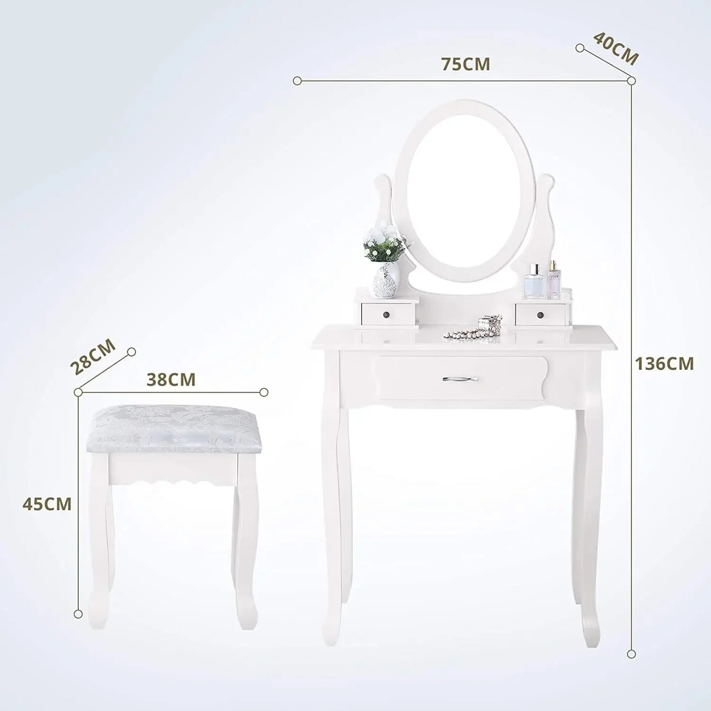 Make-uptafel – Make-up Desk – Kaptafel – Sieradentafel – Witte MDF – Verstelbare Spiegel – 3 Ruime Lades - 75 x 40 x 136 cm - Wit